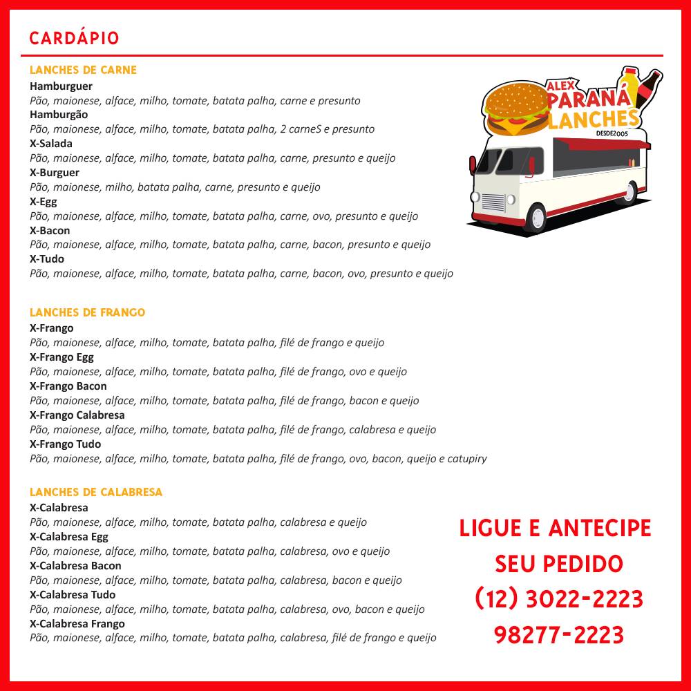 Alex Paraná Lanches cardápio