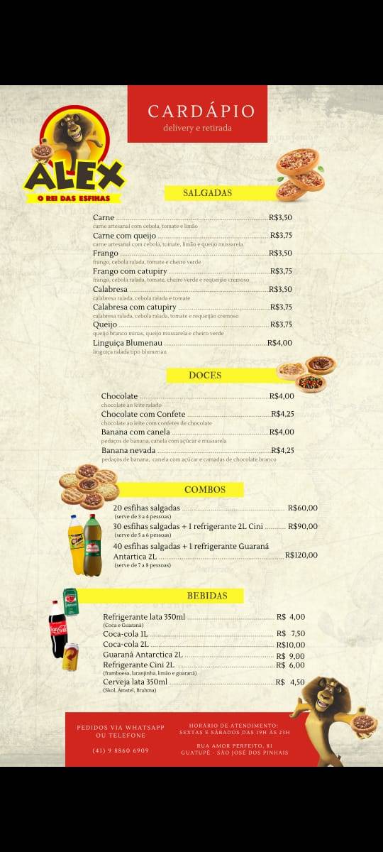 Alex o Rei das Esfihas cardápio