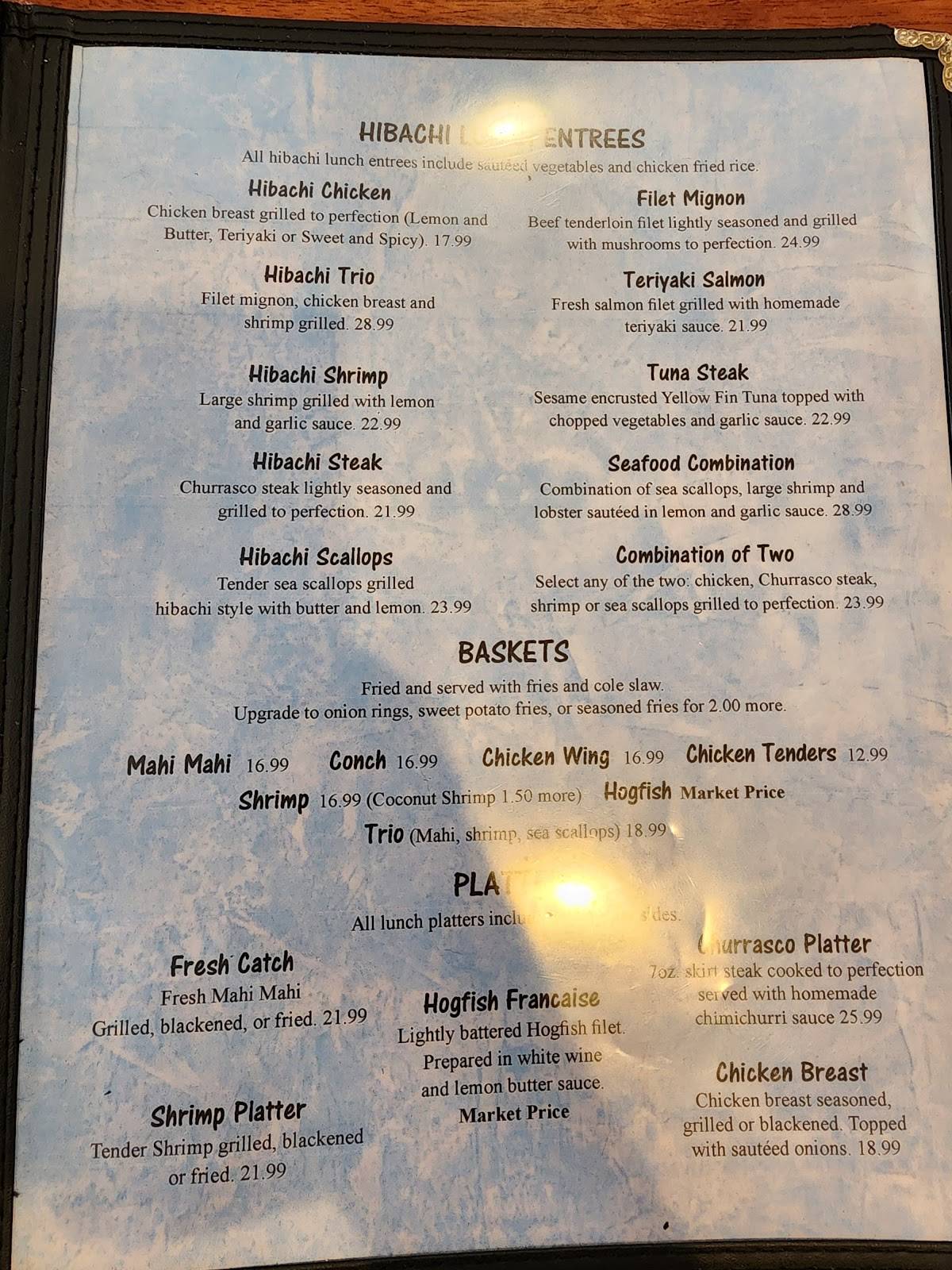 Menu at Alfredo's Cookhouse restaurant, Key Largo