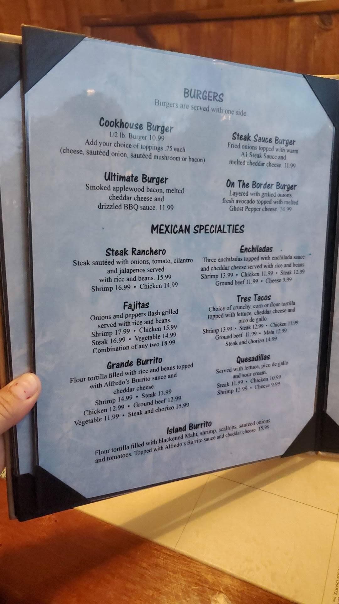 Menu at Alfredo's Cookhouse restaurant, Key Largo
