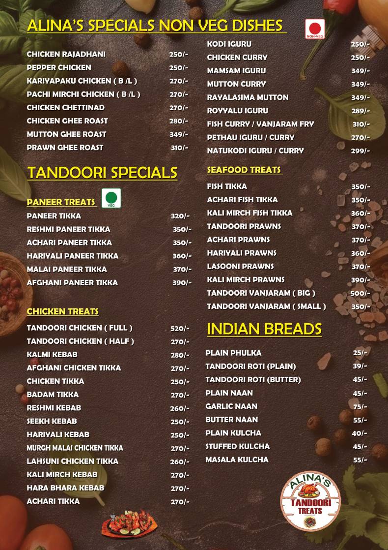 Alina's Tandoori Treats menu