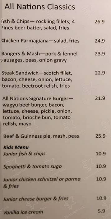 All Nations Hotel menu