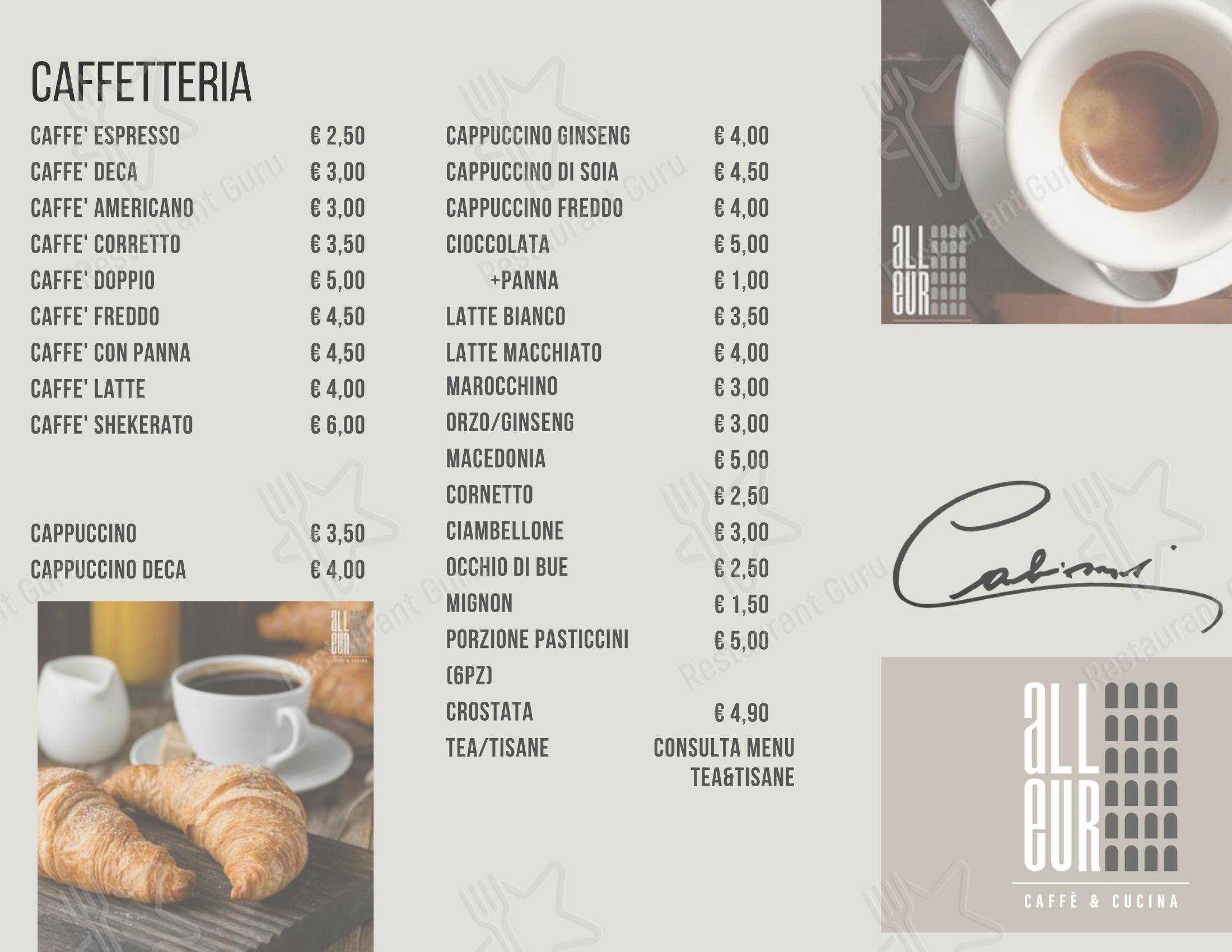Menu bar per AllEur - Caffè e cucina in Roma