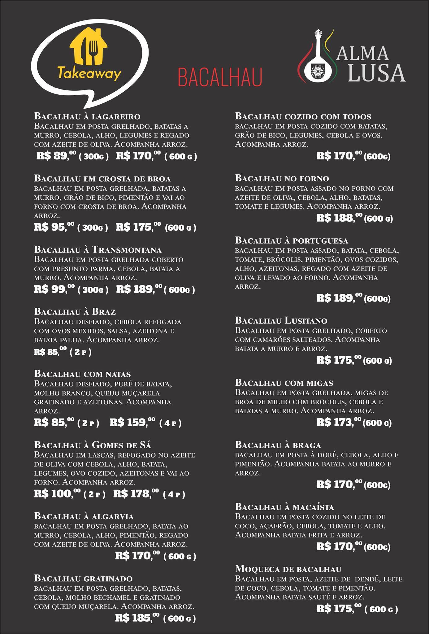 Alma Lusa Restaurante cardápio