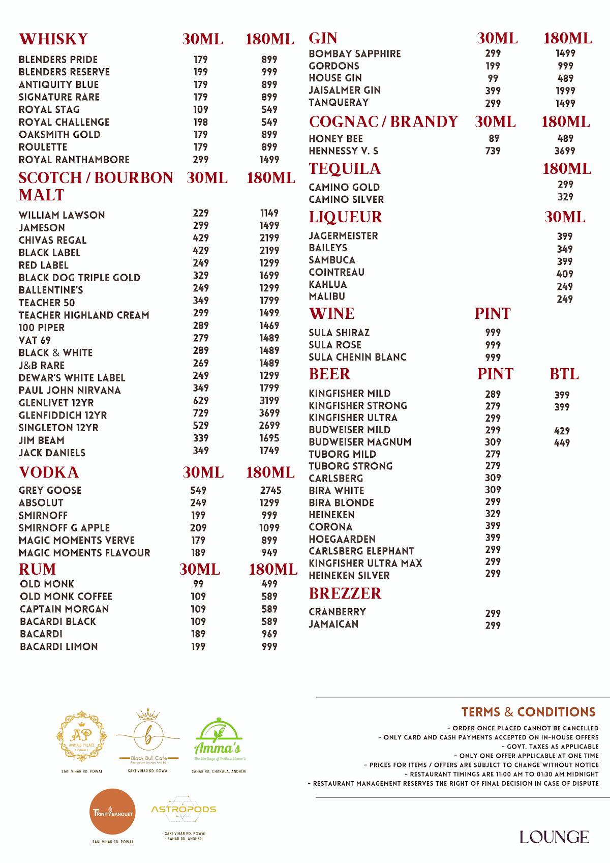 Amma's Resto and bar menu