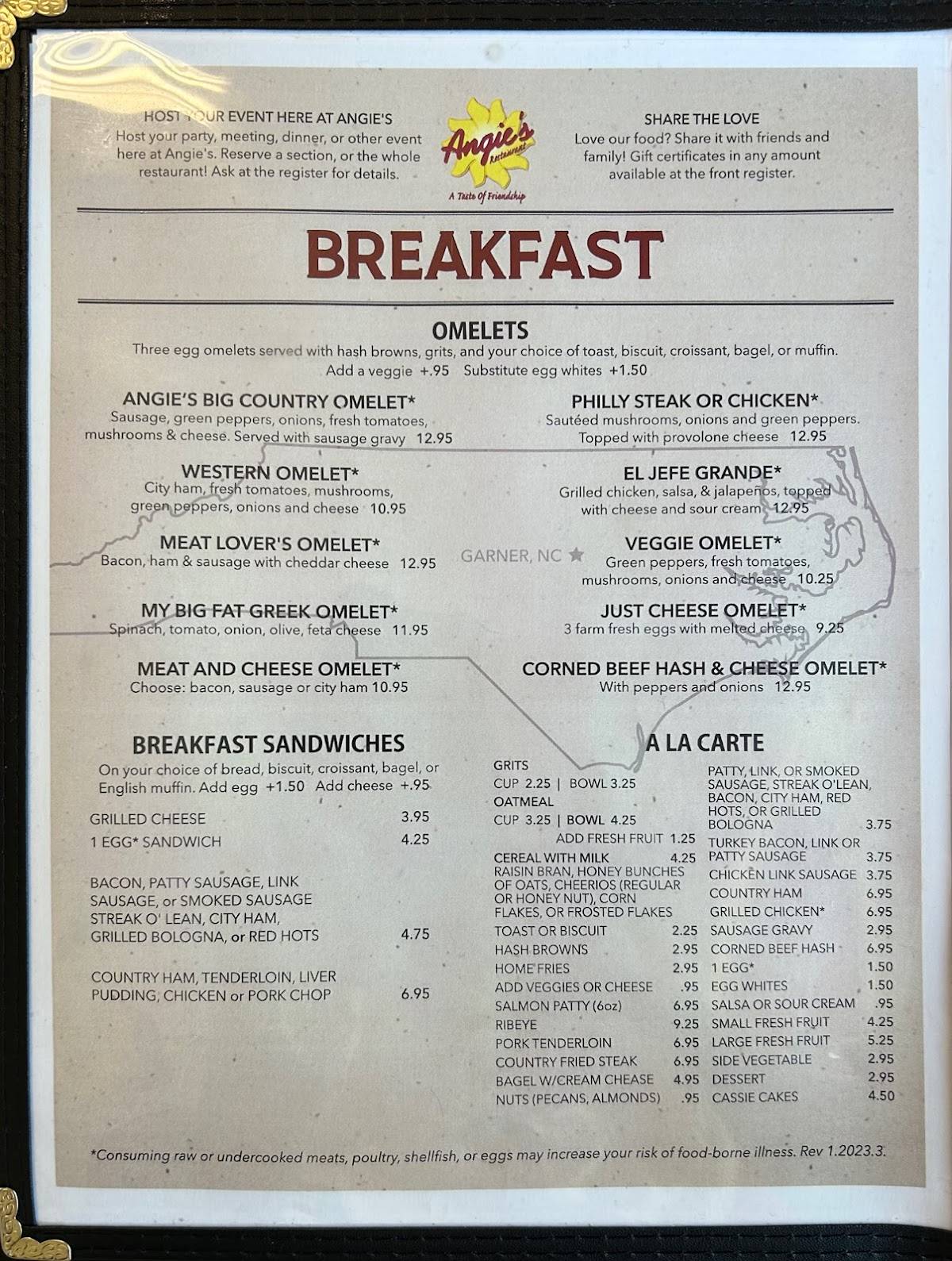 Menu at Angie's Restaurant, Garner