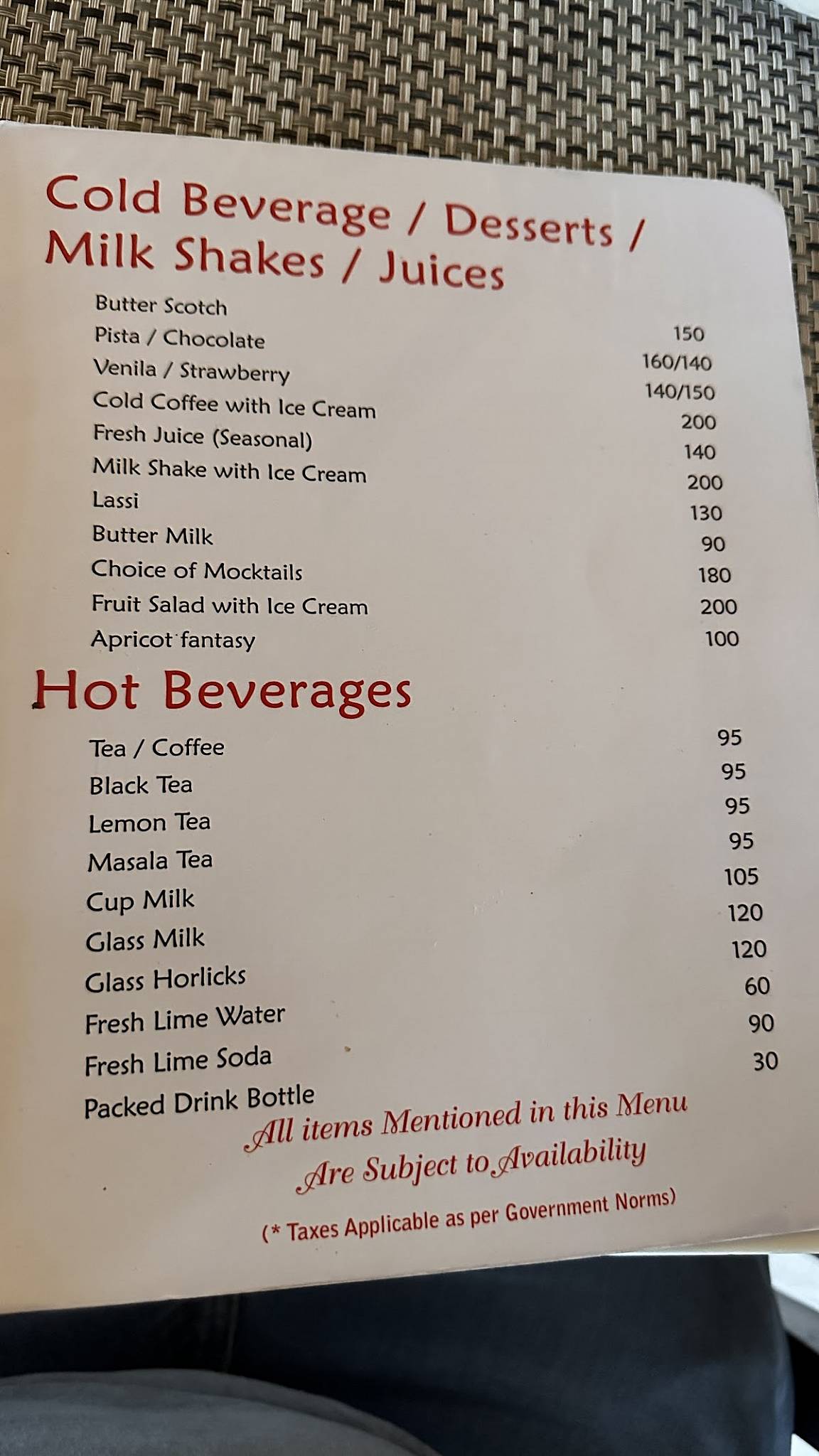 Another fine day menu