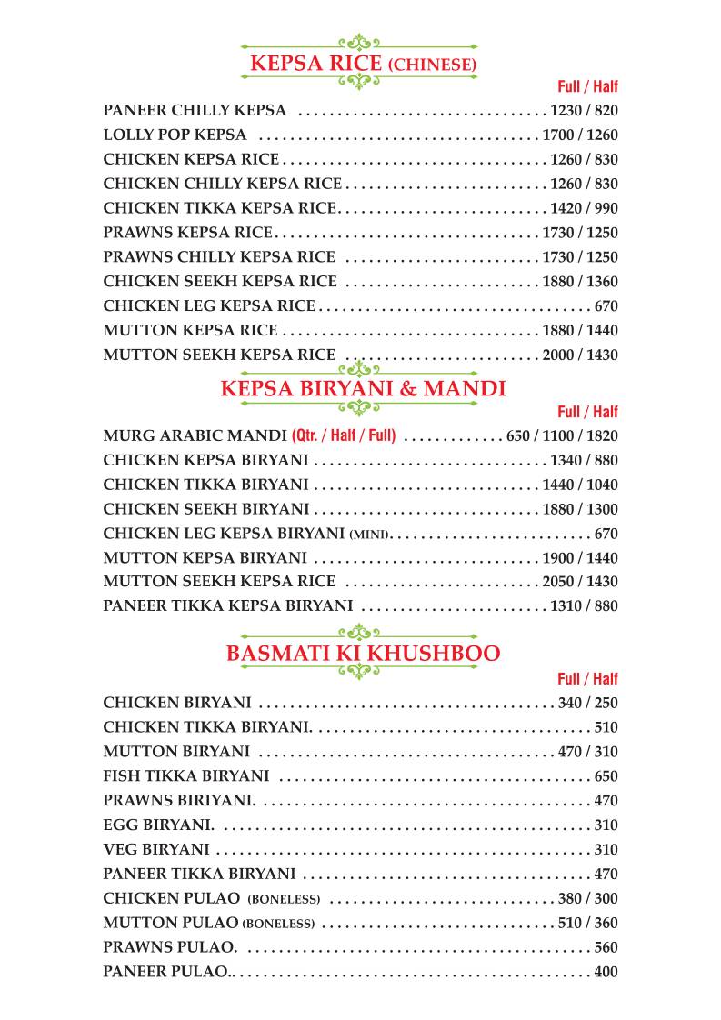 Arab Restaurant menu