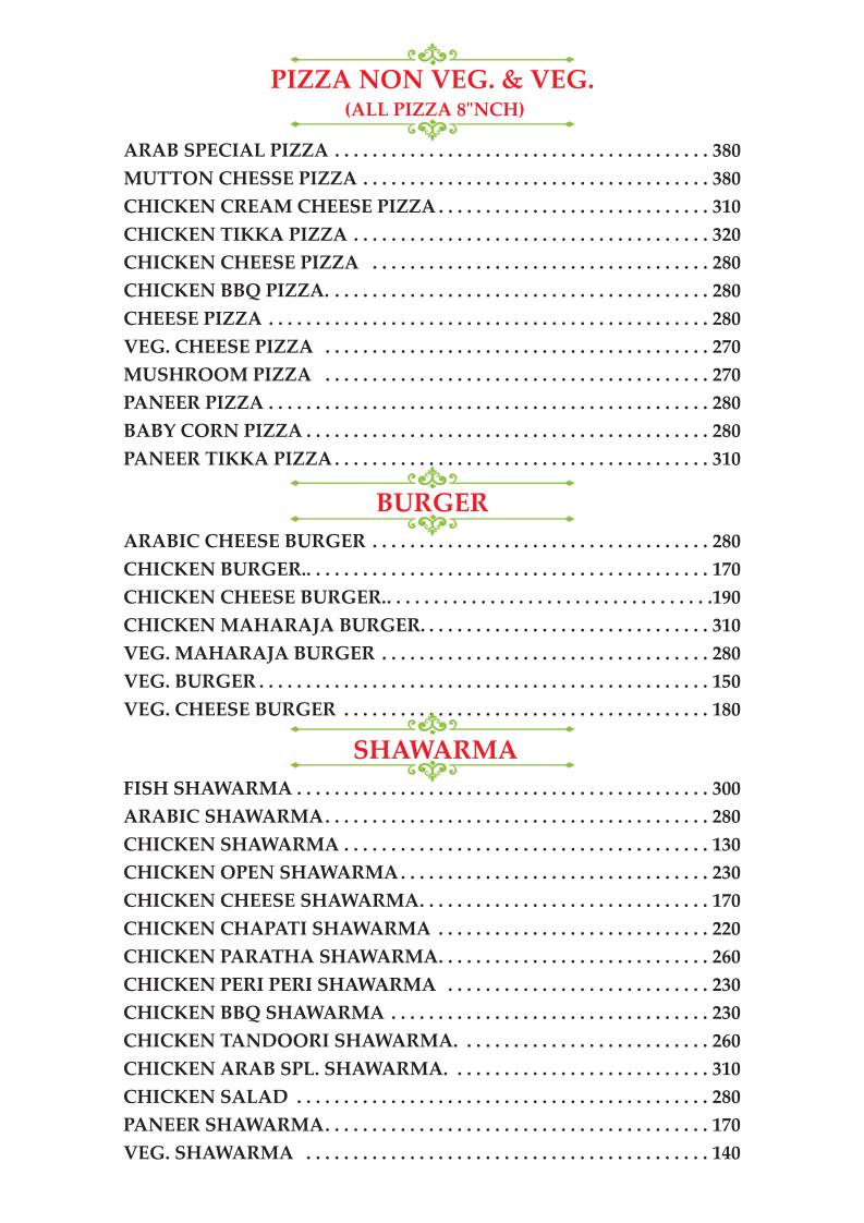 Arab Restaurant menu