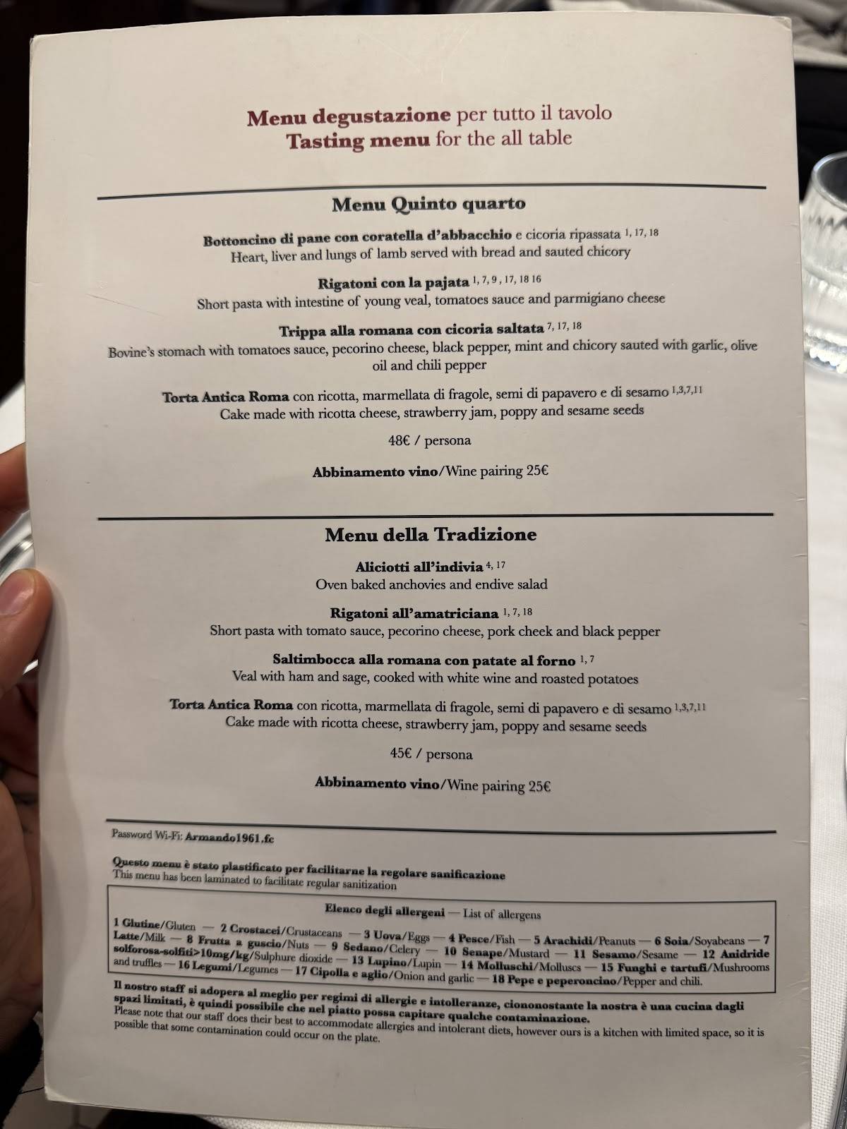 Menu di Armando al Pantheon 