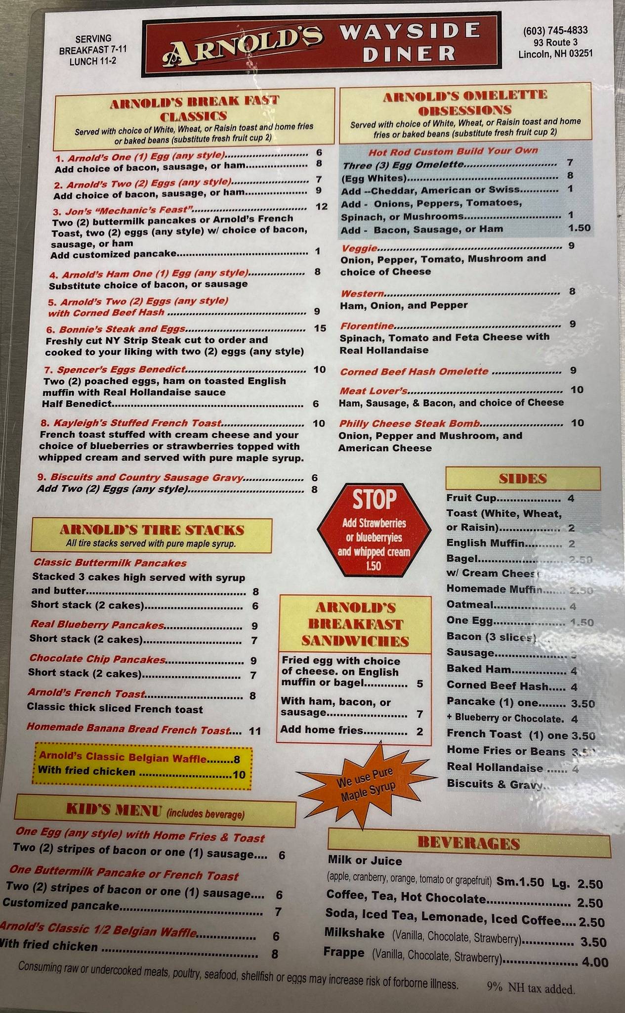 Menu at Arnold’s Wayside Diner restaurant, Lincoln