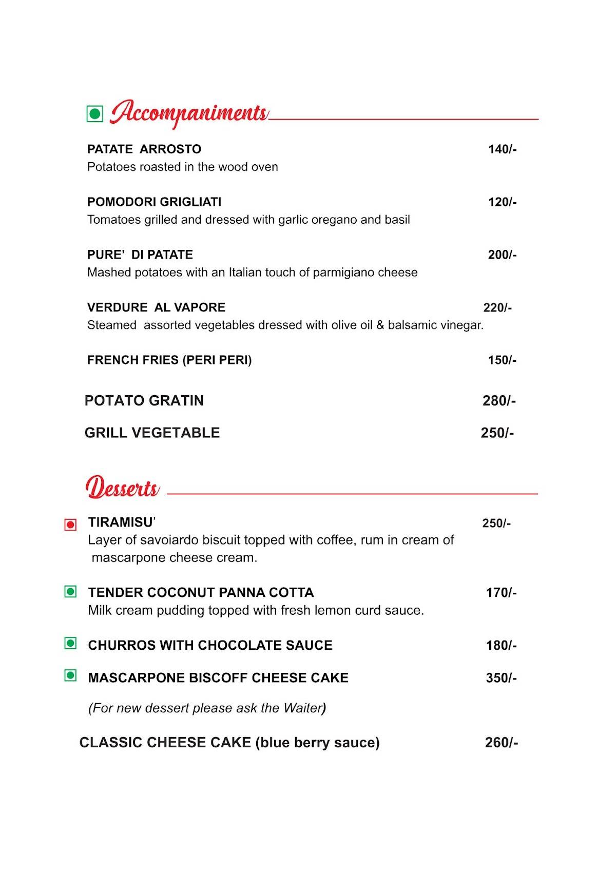 Piccola Roma Pizza menu