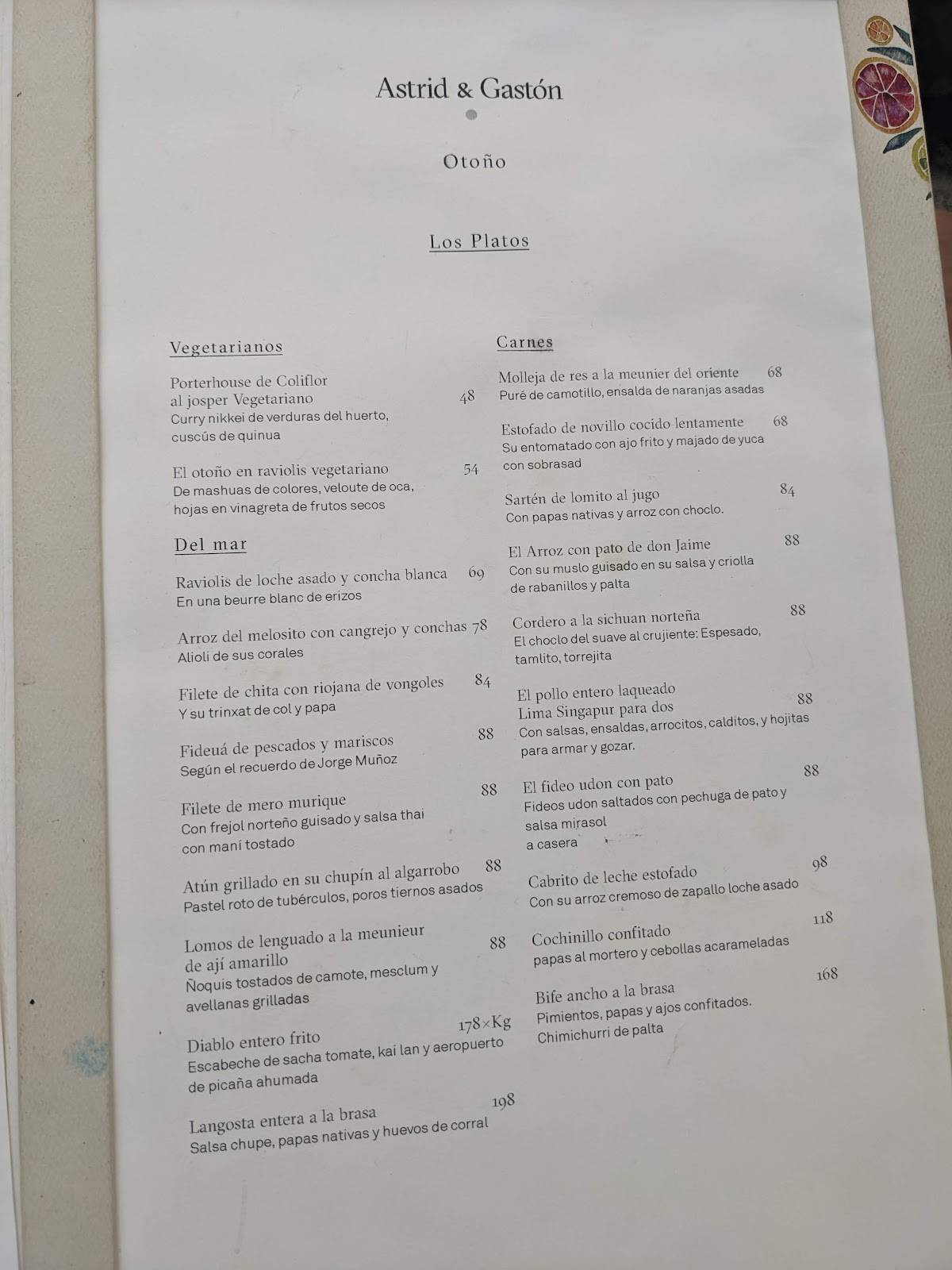 Carta del restaurante Astrid & Gastón, Lima