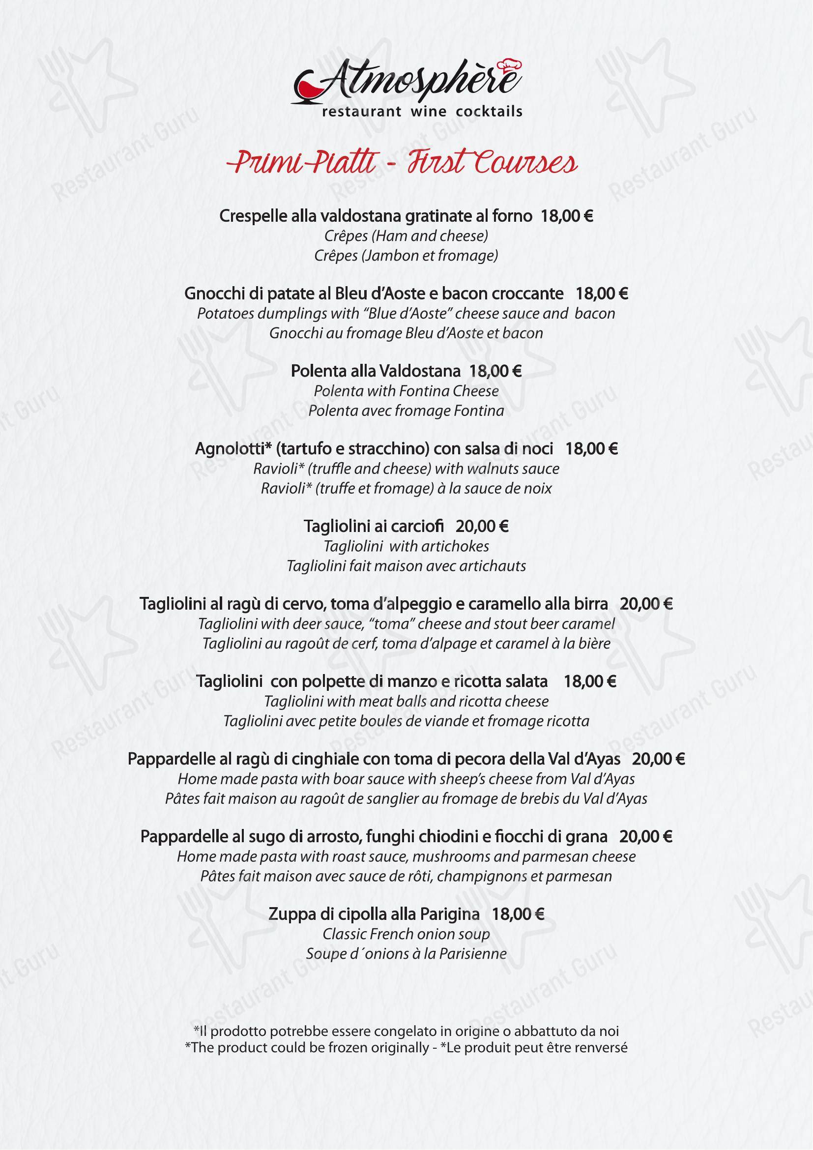 Menu per Atmosphère in Saint-Vincent