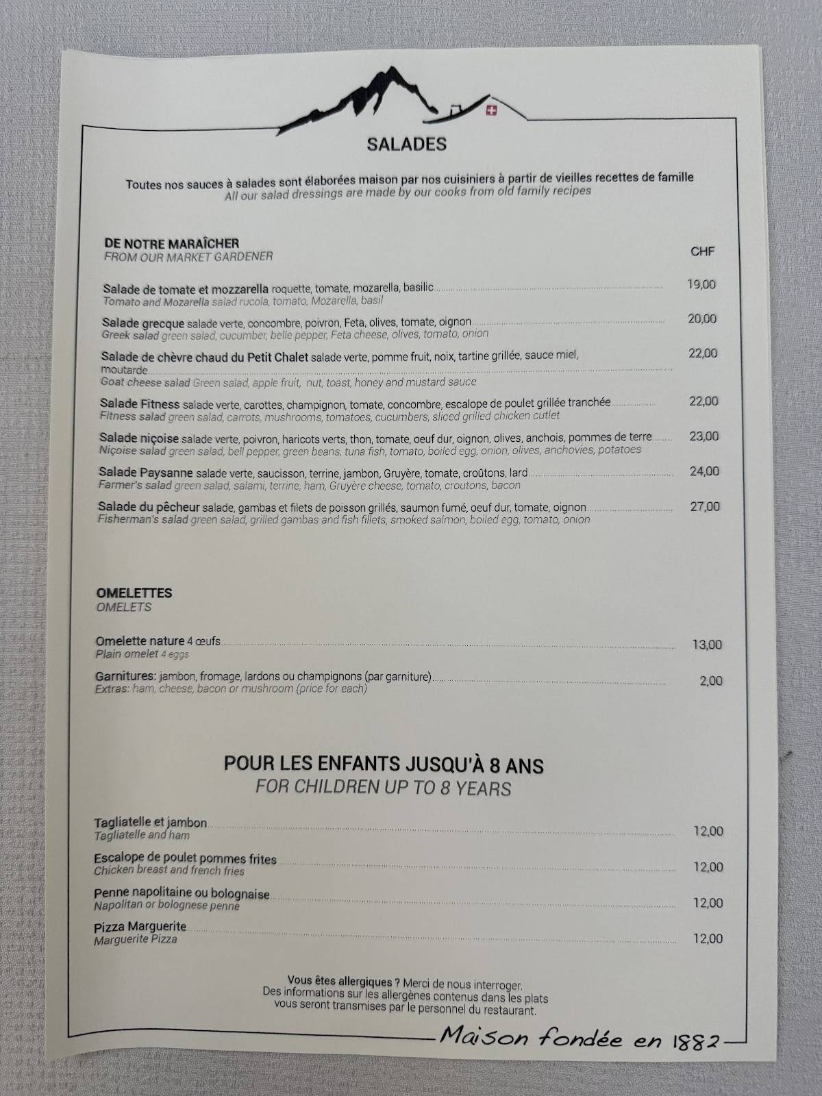 Menu di Au Petit Chalet - Restaurant in Geneva 