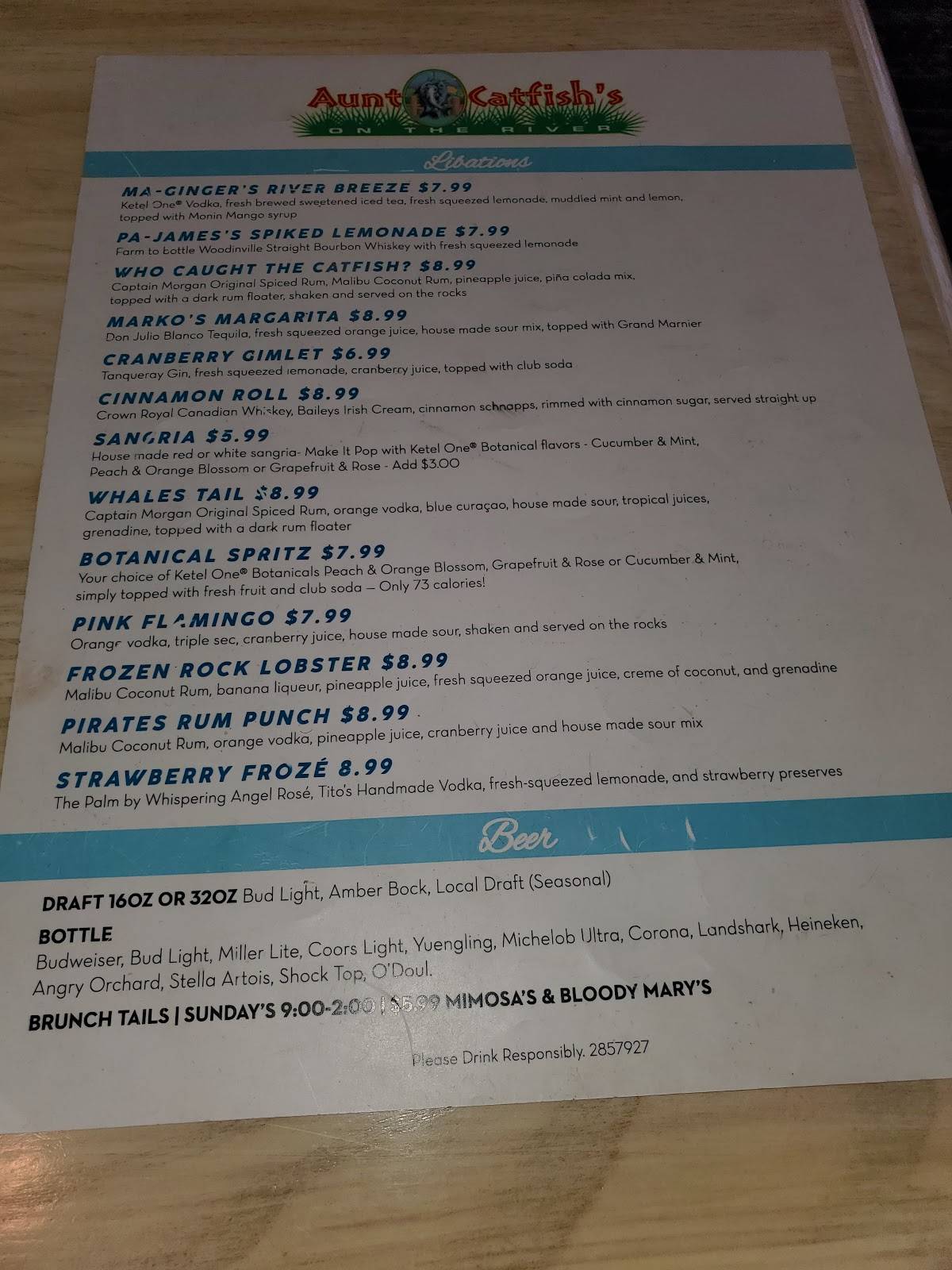 Menu at Aunt Catfish's On the River restaurant, Port Orange