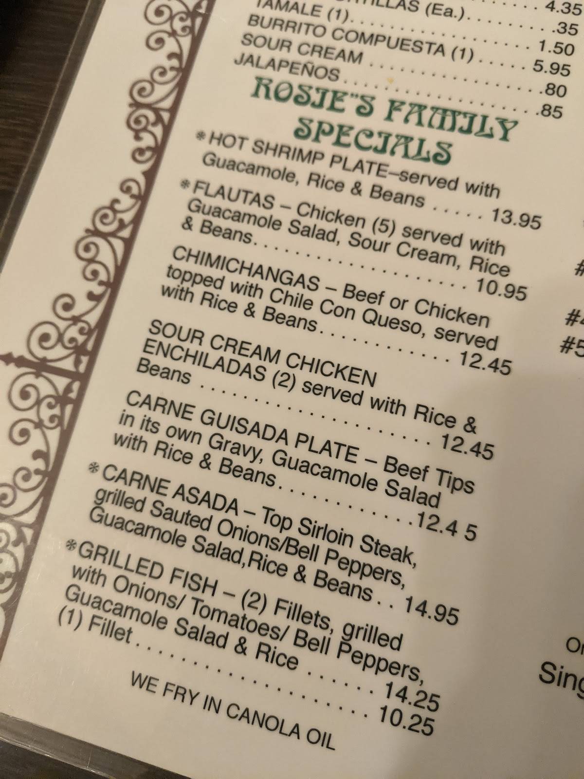 Menu at Rosie's Tamale House restaurant, Bee Cave, State Hwy 71