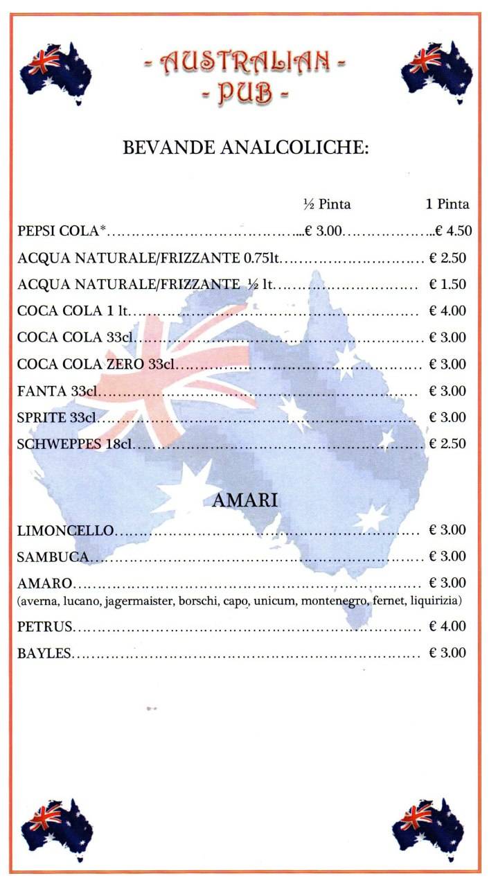 Menu di Australian Risto Pub Latina 
