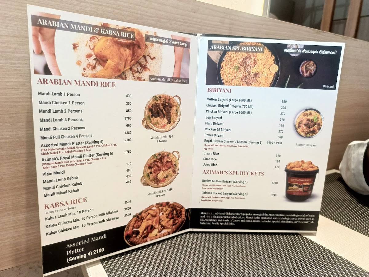 Azimah Arabian Restaurant menu