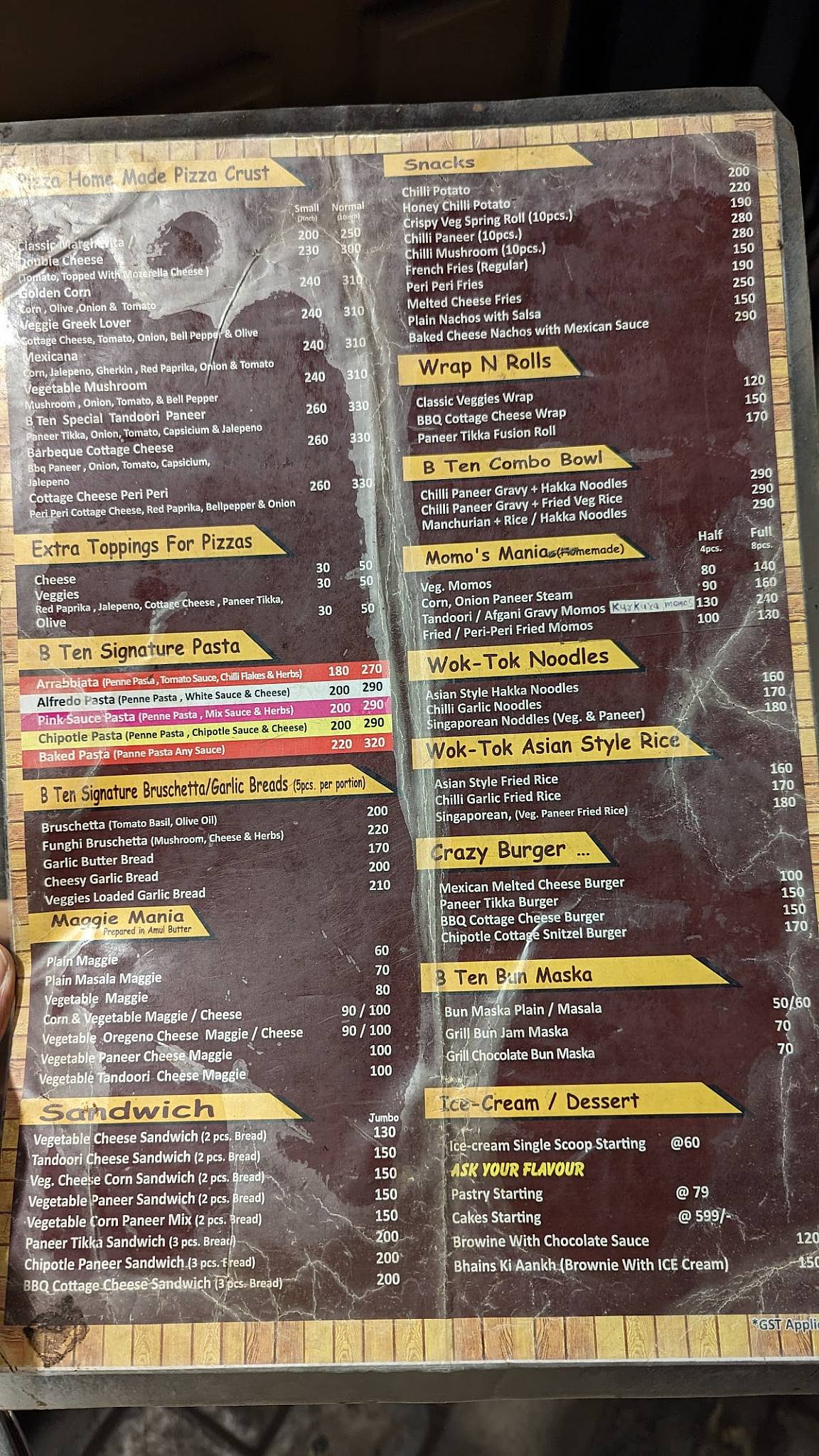 B Ten Cafe, Sikanderpur menu