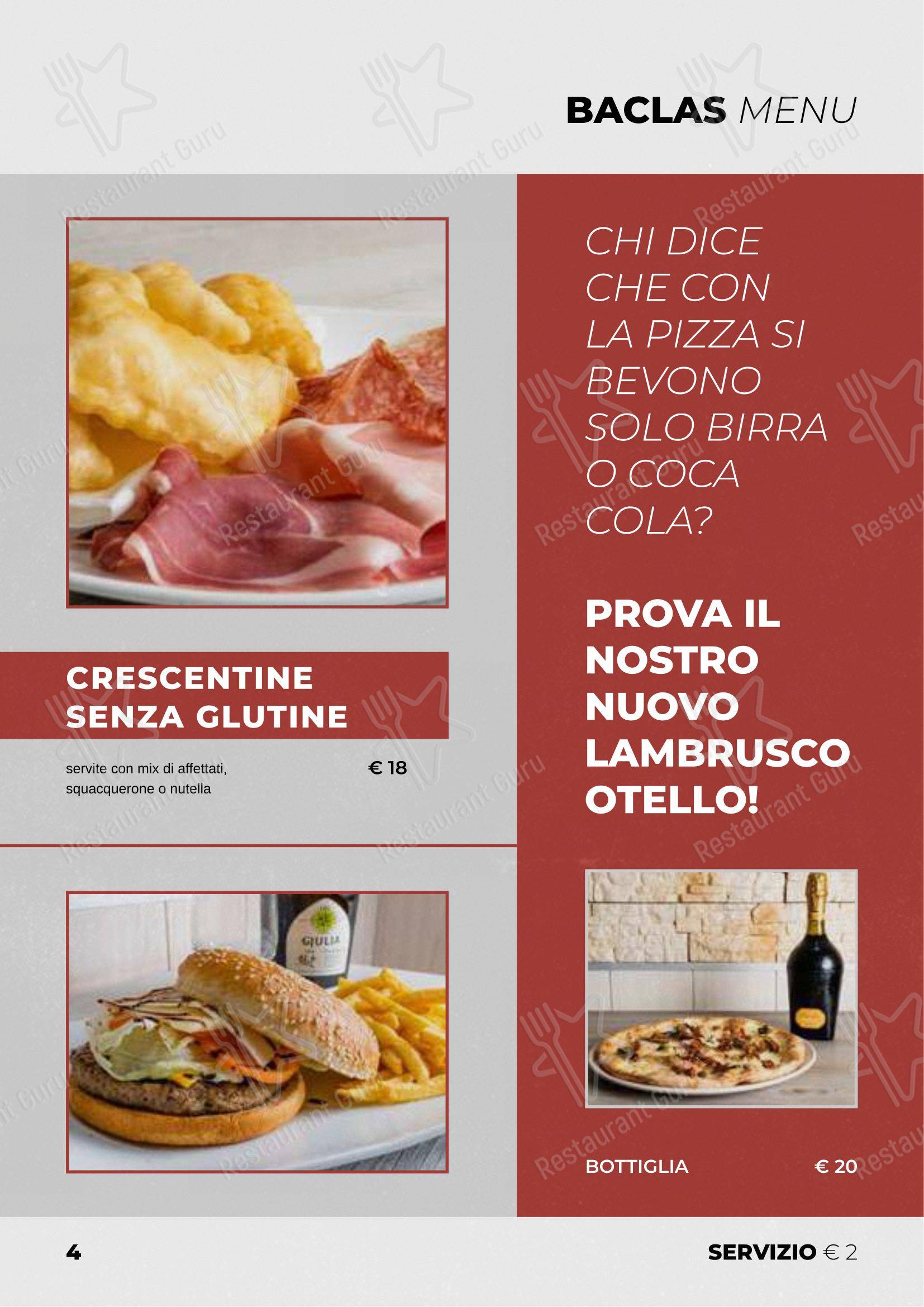 Menu bar per BACLAS - Pizzeria con cucina, senza glutine, delivery e take away in Bologna