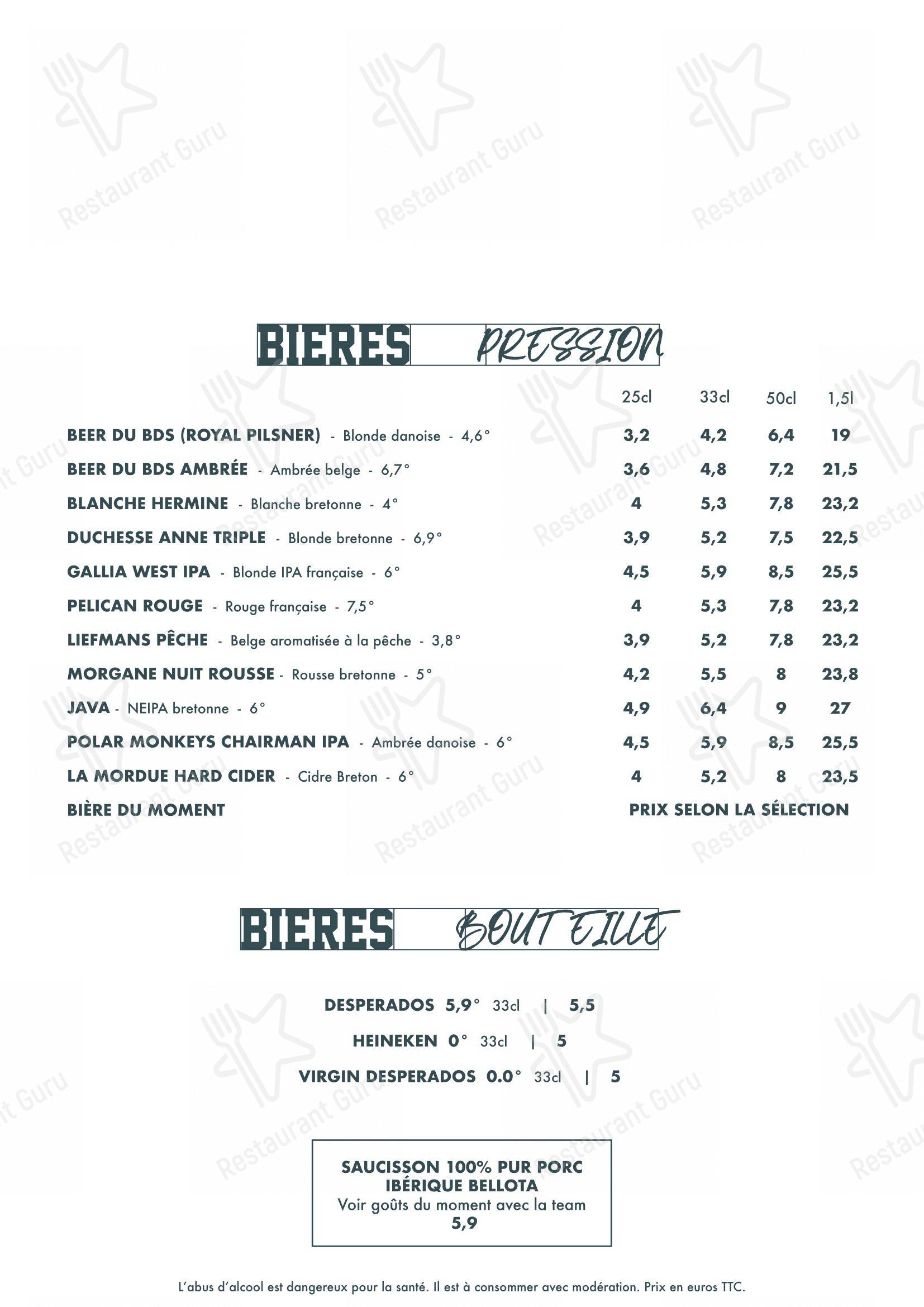 Menu bar pour BDS Restaurant Rennes dans Rennes