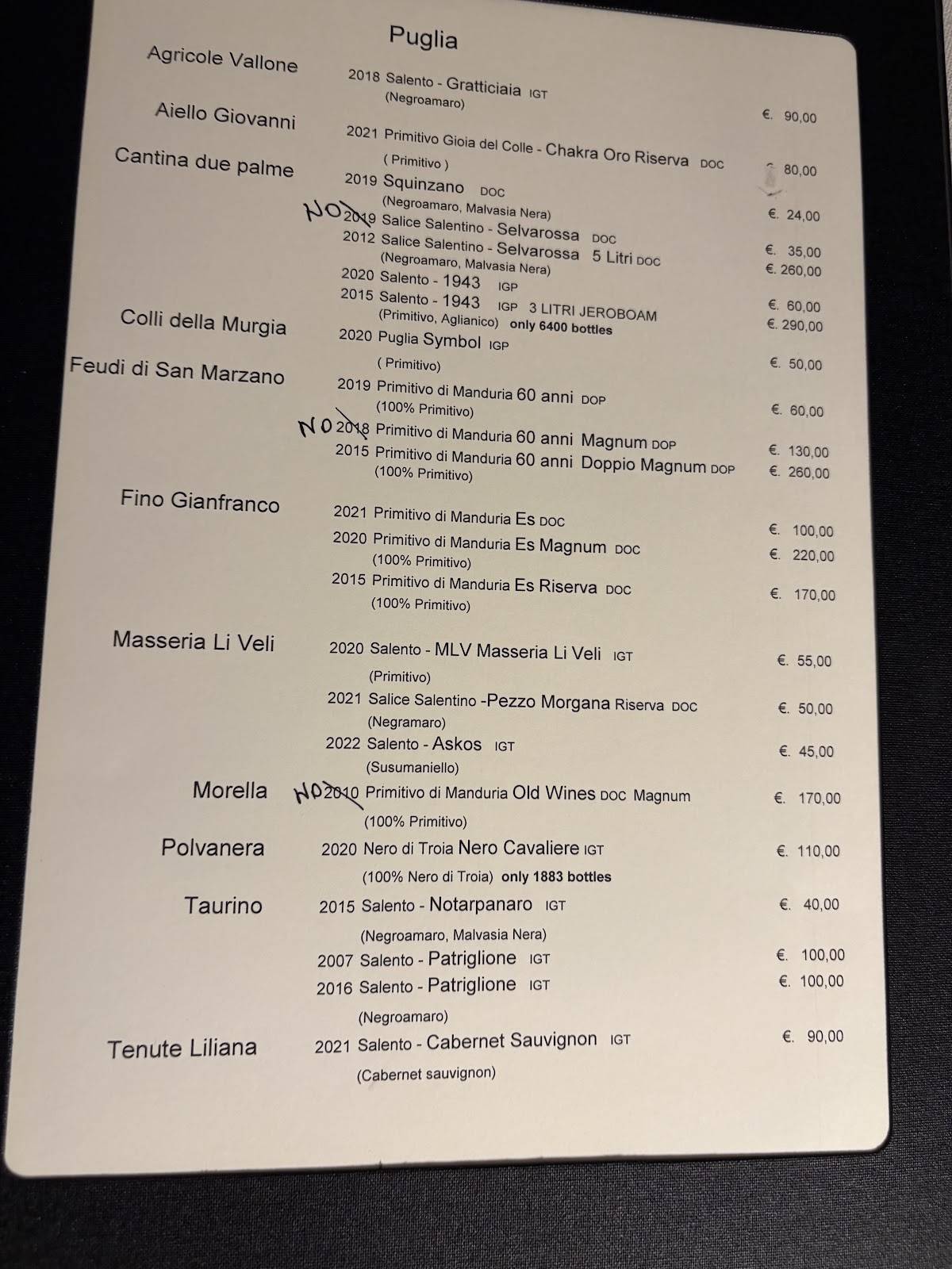 Menu di Baccanti 