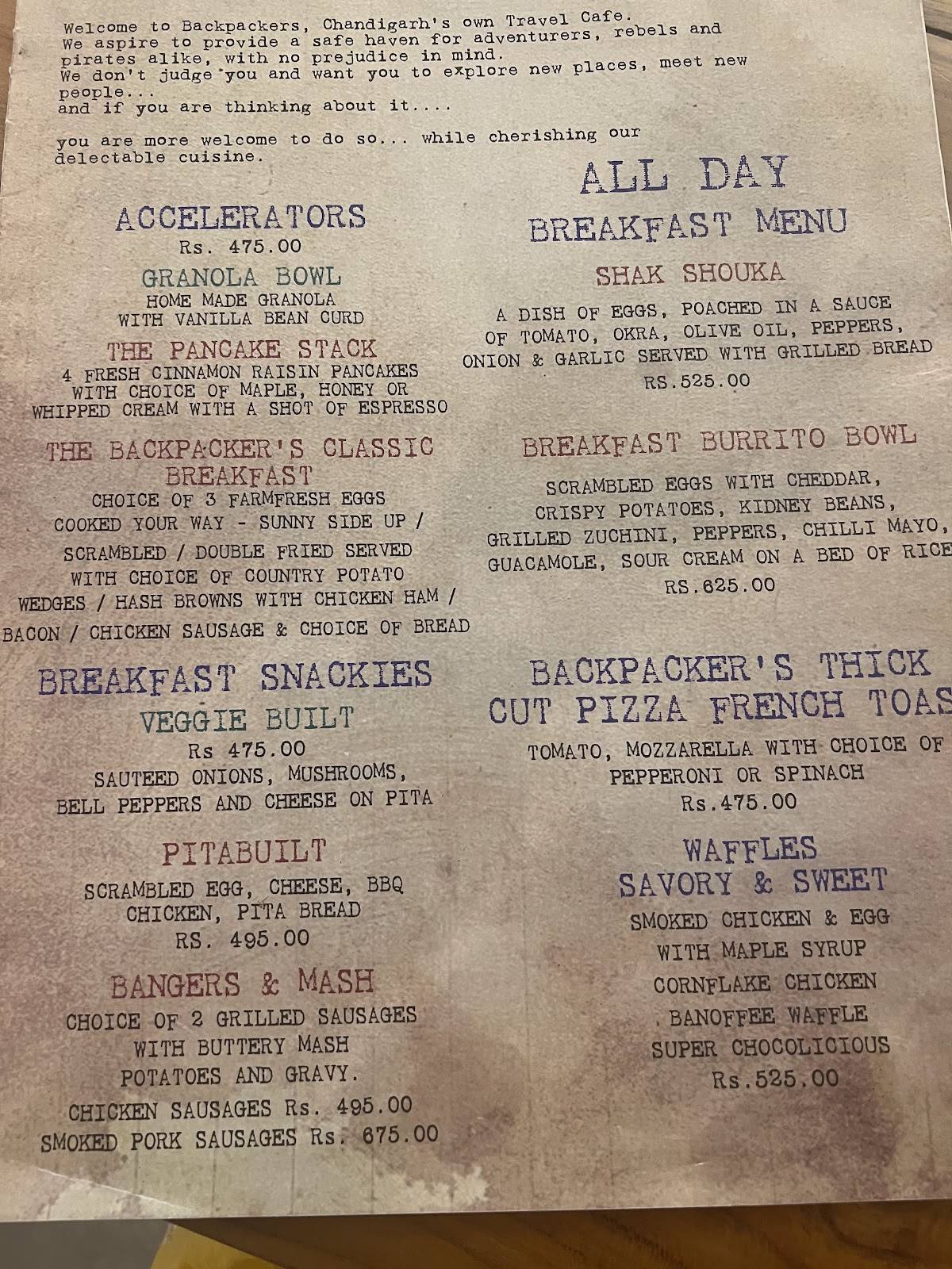 Backpackers Cafe menu