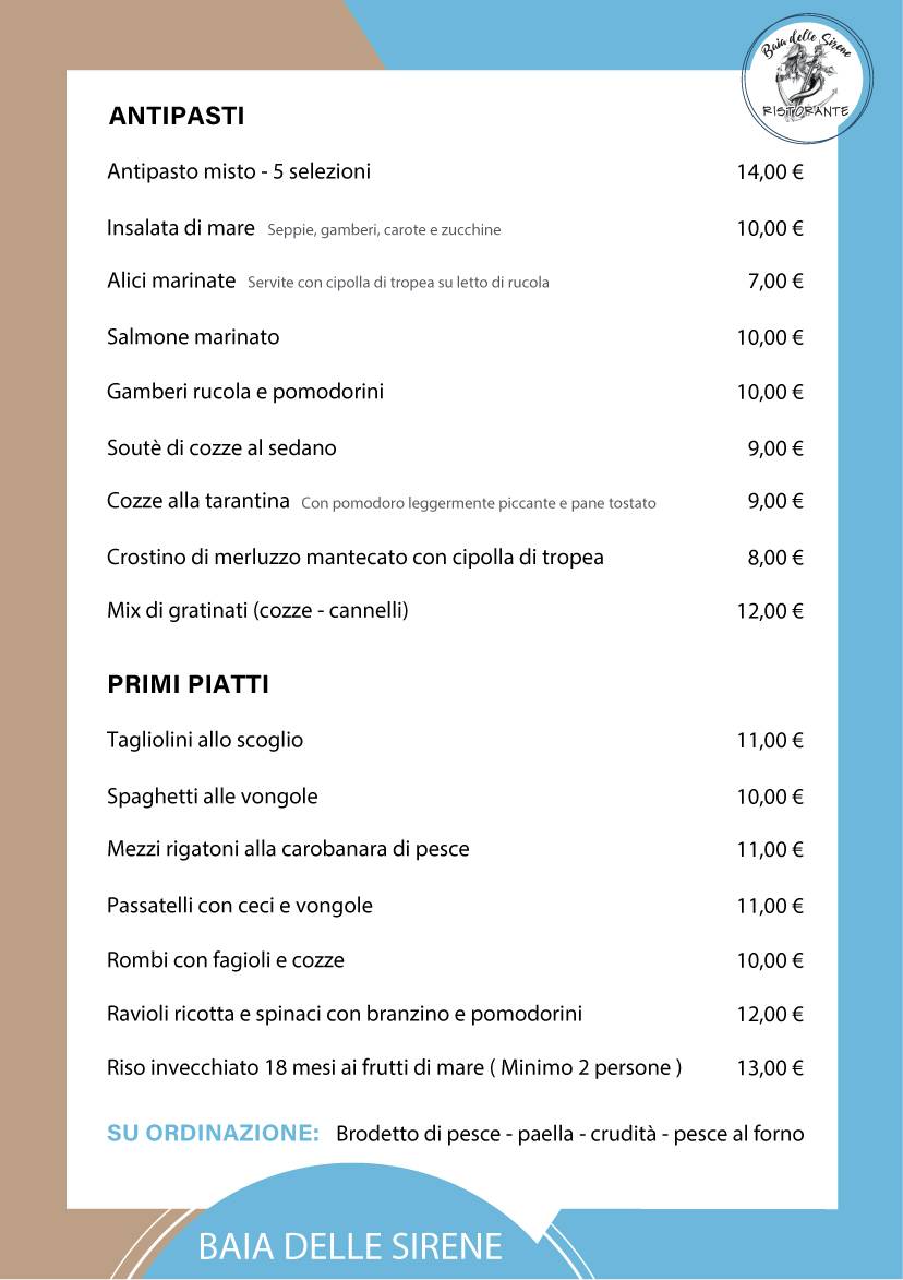 Menu di Baia delle Sirene Pesaro 