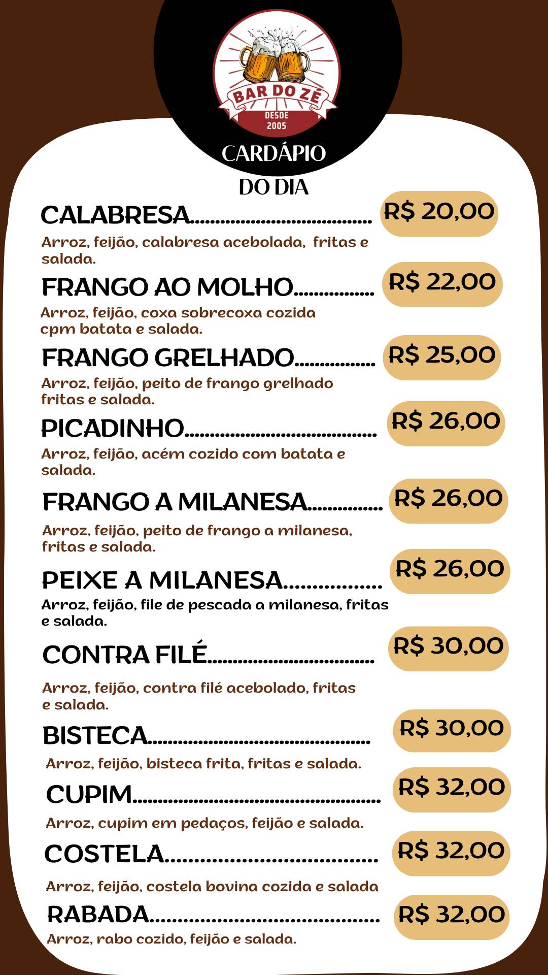 Bar Do Zé cardápio