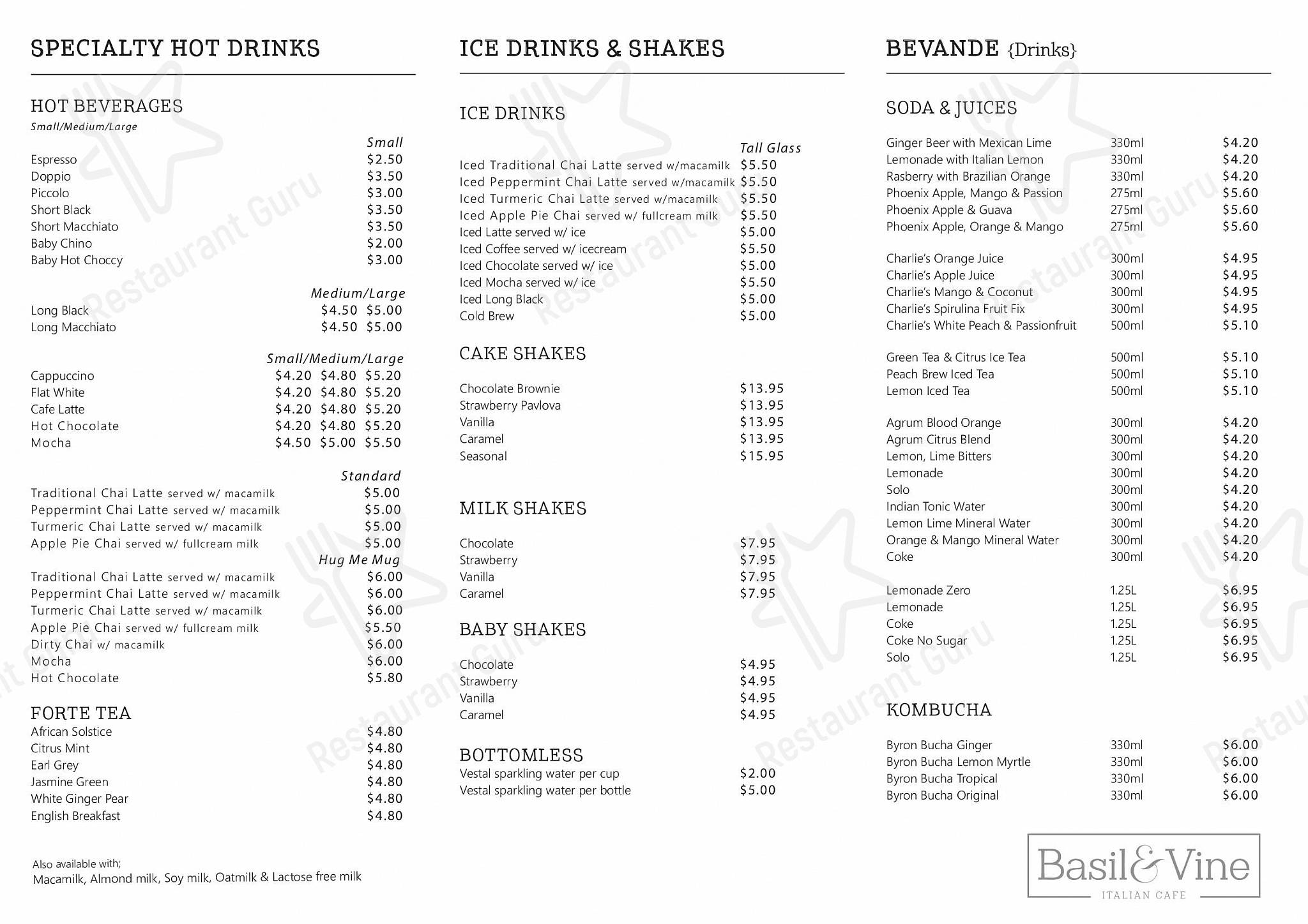 Menu at Basil & Vine restaurant, Burpengary
