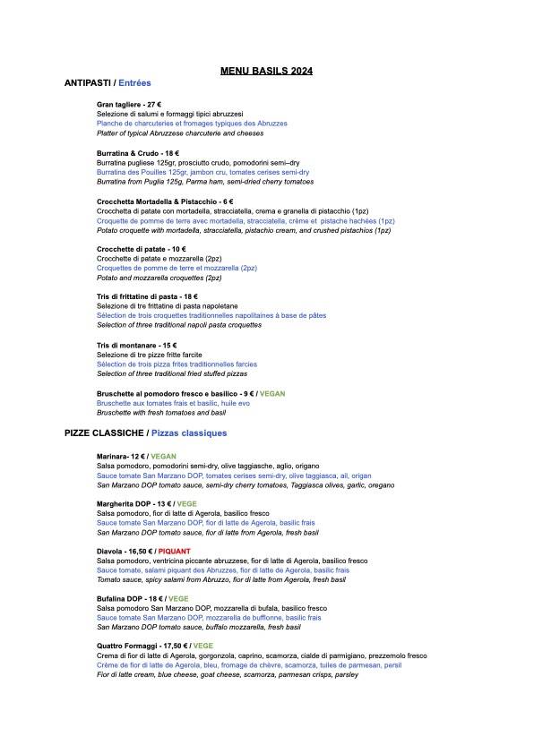 Menu de Basils