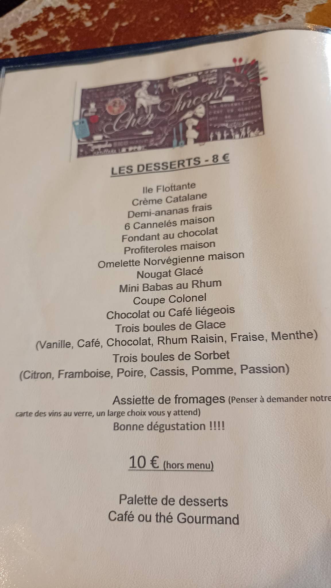 Menu de Restaurant Traiteur Chez Vincent Bègles