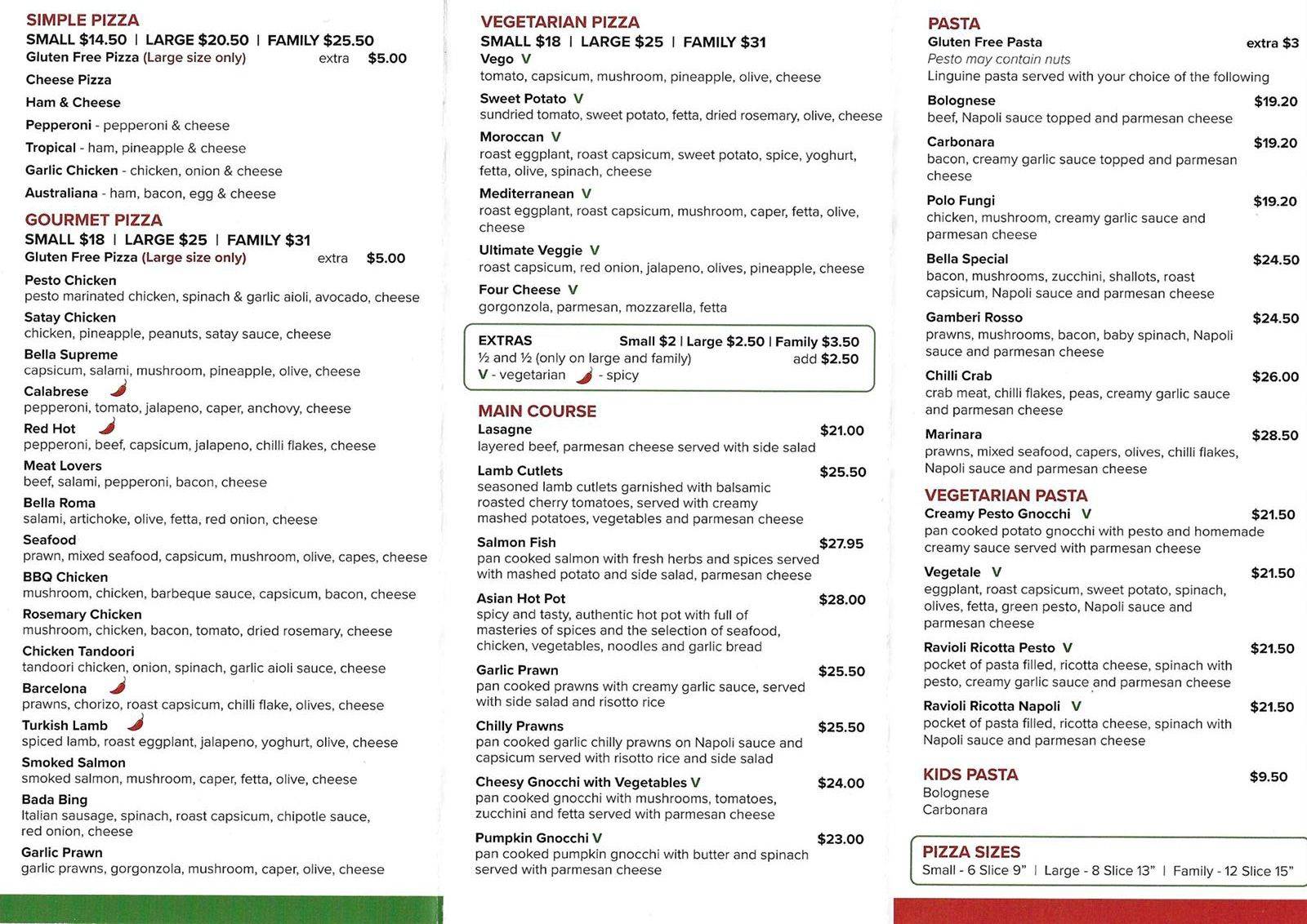 Menu at Bella Vista Pizza & Pasta pizzeria, Mapleton