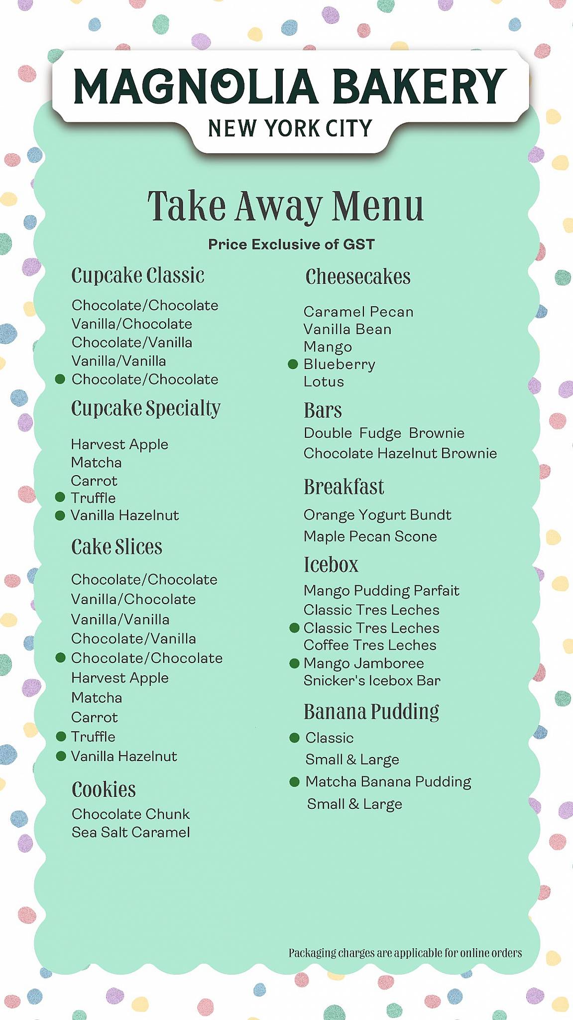 Magnolia Bakery menu