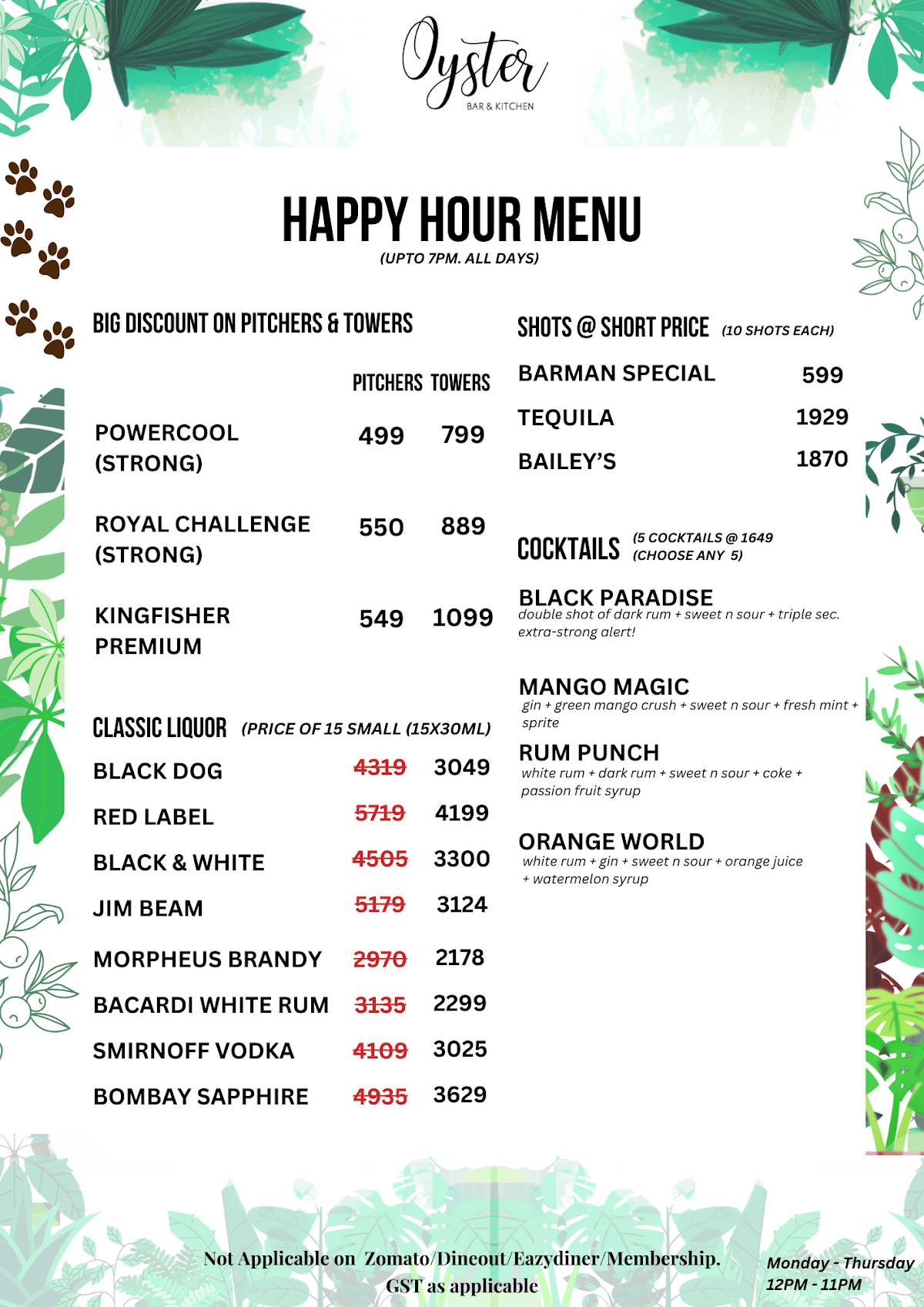 Oyster, Bar & Kitchen menu