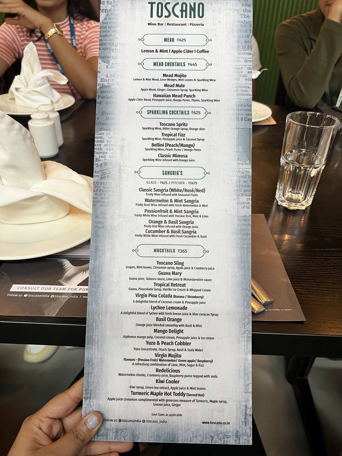 Toscano menu