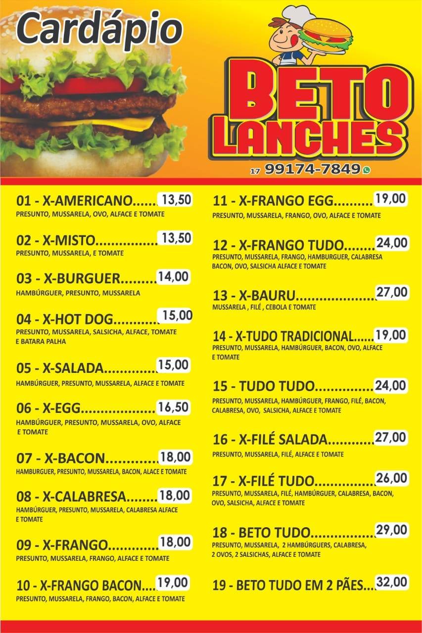 Beto Lanches cardápio