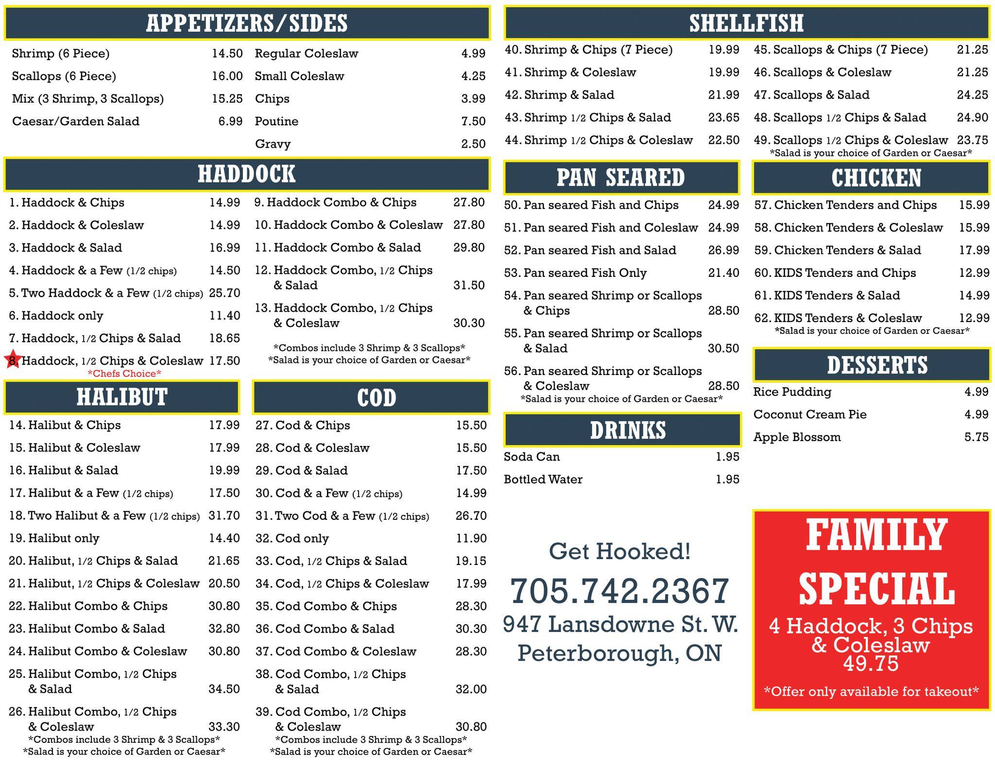 Menu at Big Ben's Fish and Chips restaurant, Peterborough