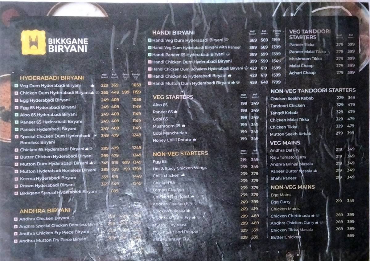 Bikkgane Biryani menu