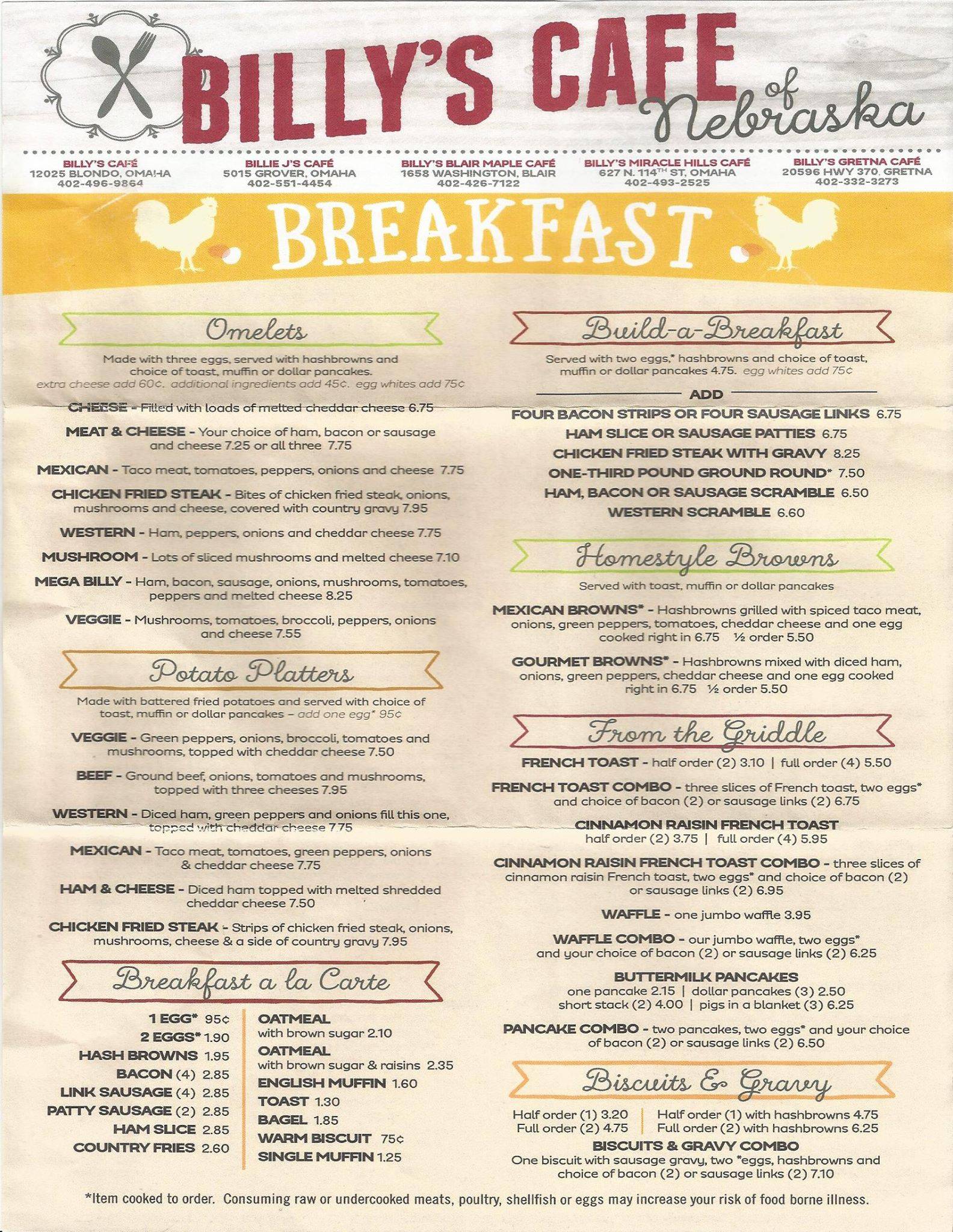 Menu at Billy's Cafe, Omaha, Blondo St