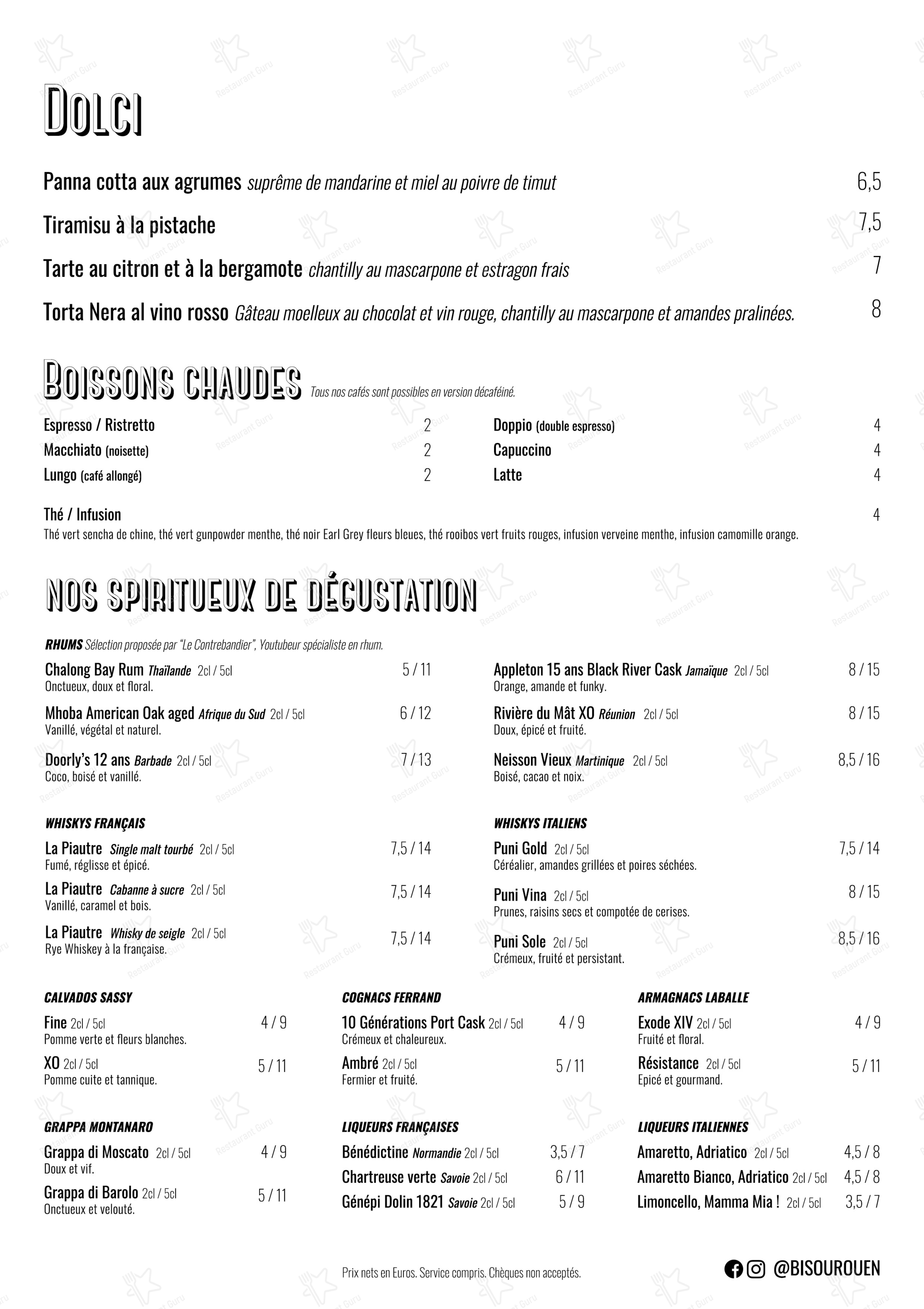Menu pour Bisou restaurant