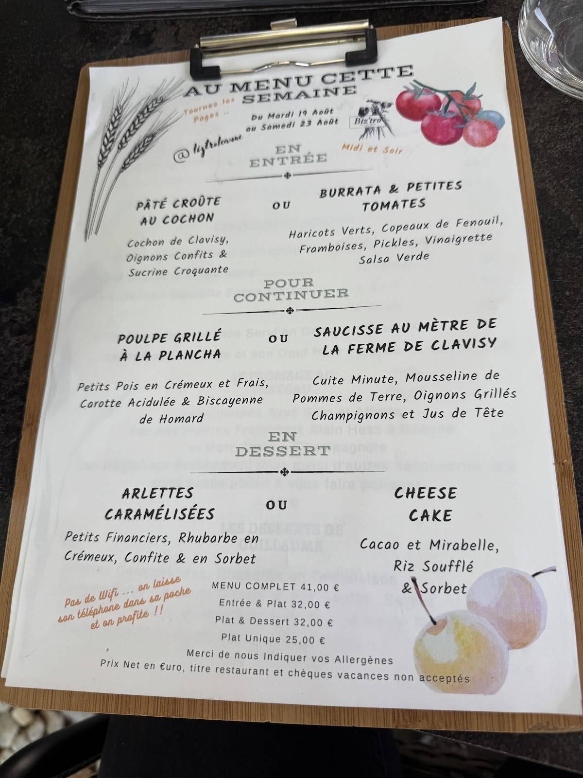 Menu de Biz'tro "Chic & Gourmand"