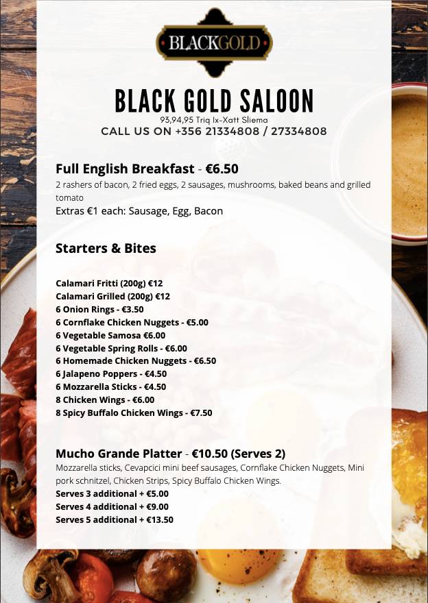Menu at Black Gold Saloon pub & bar, Sliema