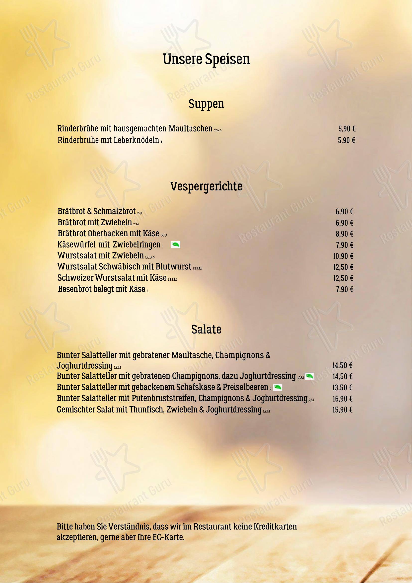 Menu pour Blockhaus Seeger - Menu