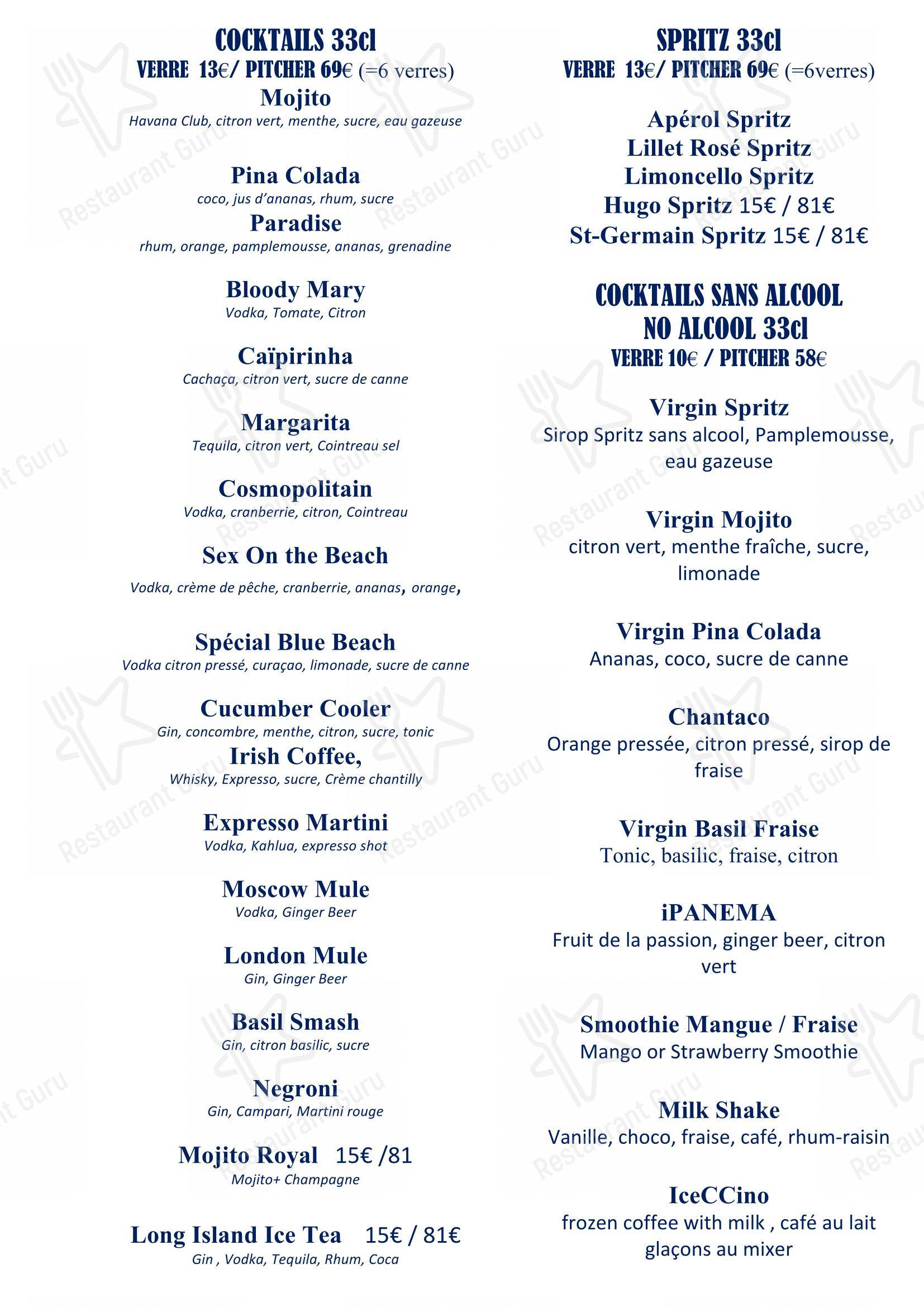 Menu pour Blue Beach restaurant