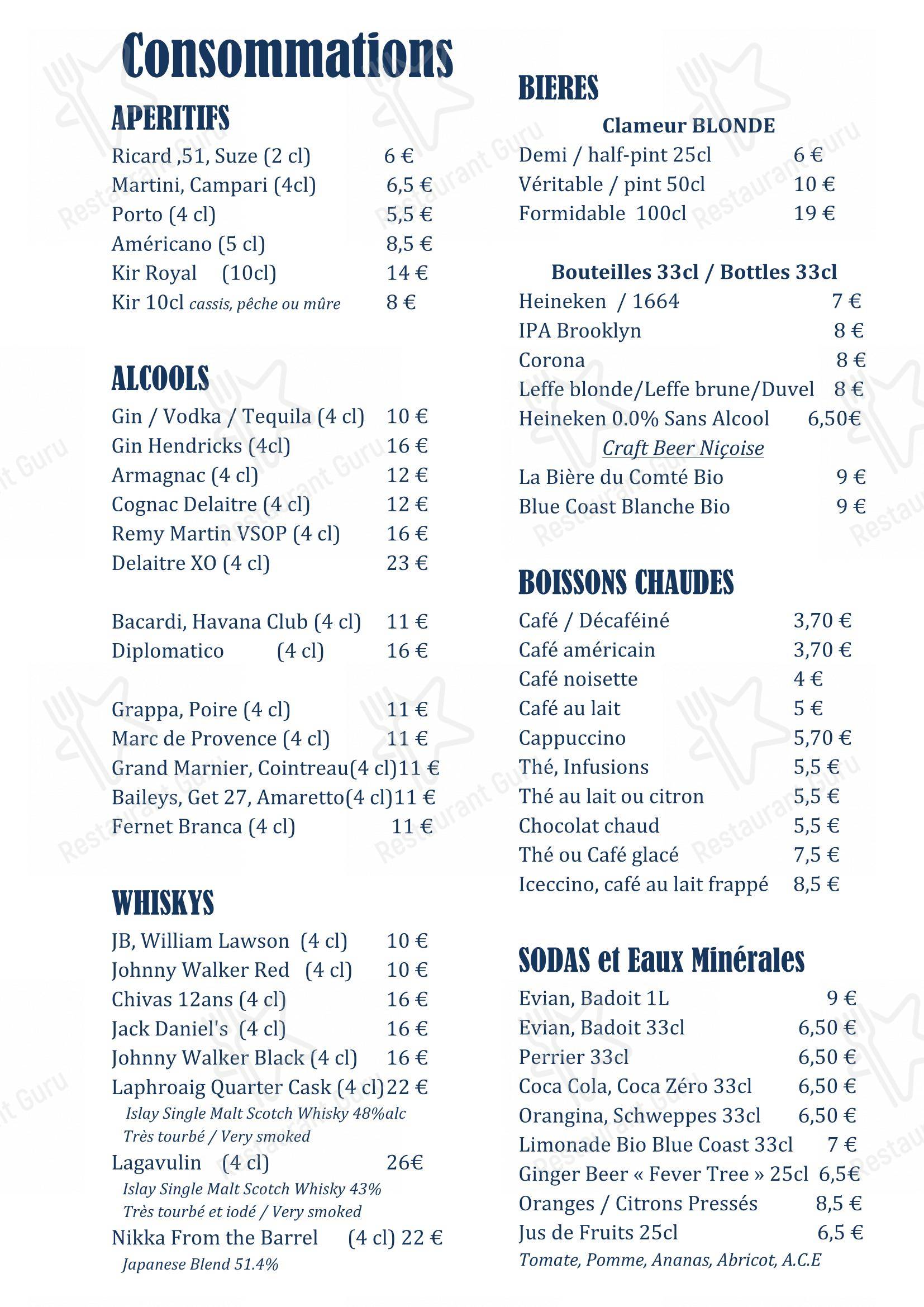 Menu pour Blue Beach - Menu