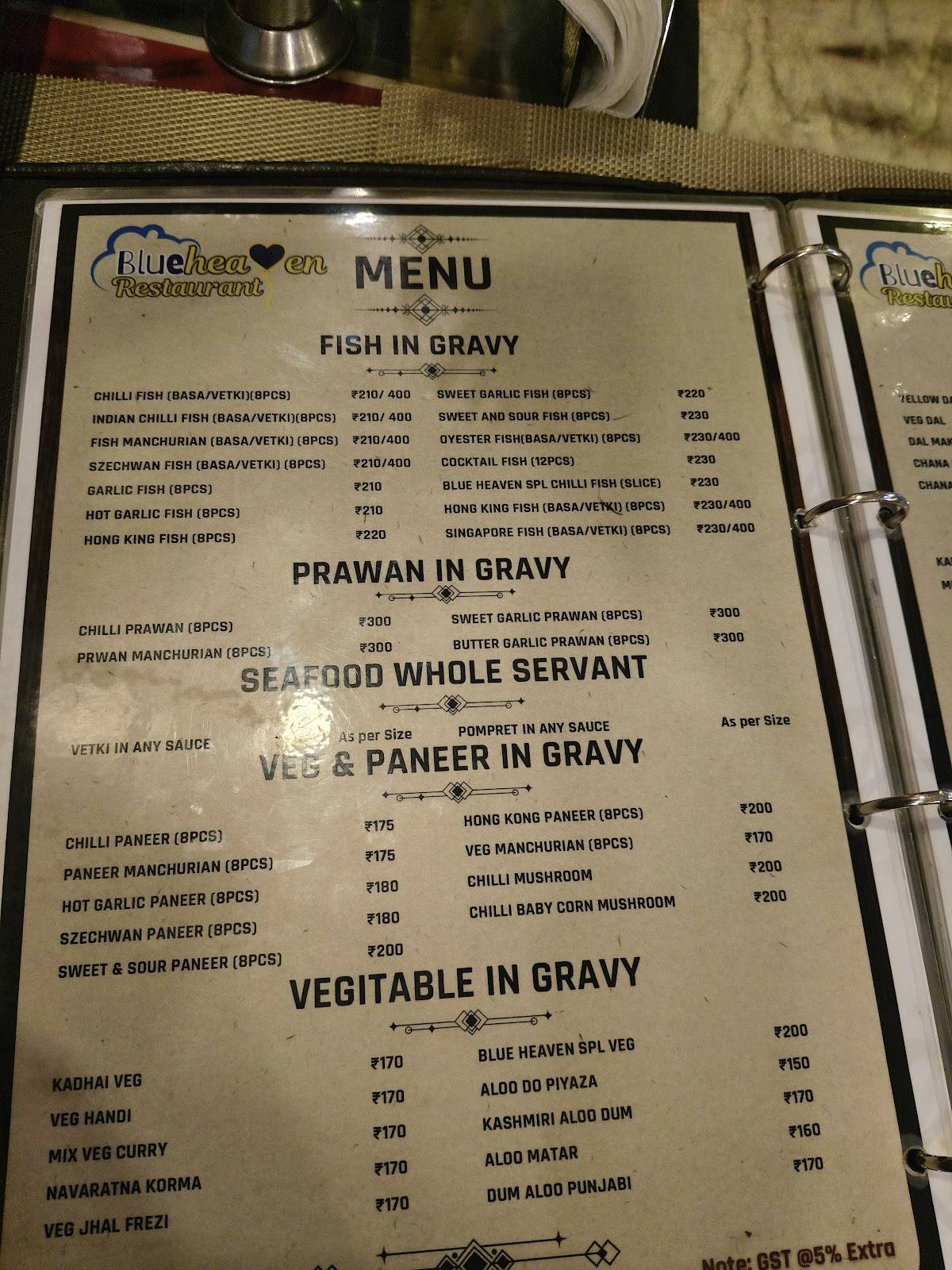 Blue Heaven Restaurant menu