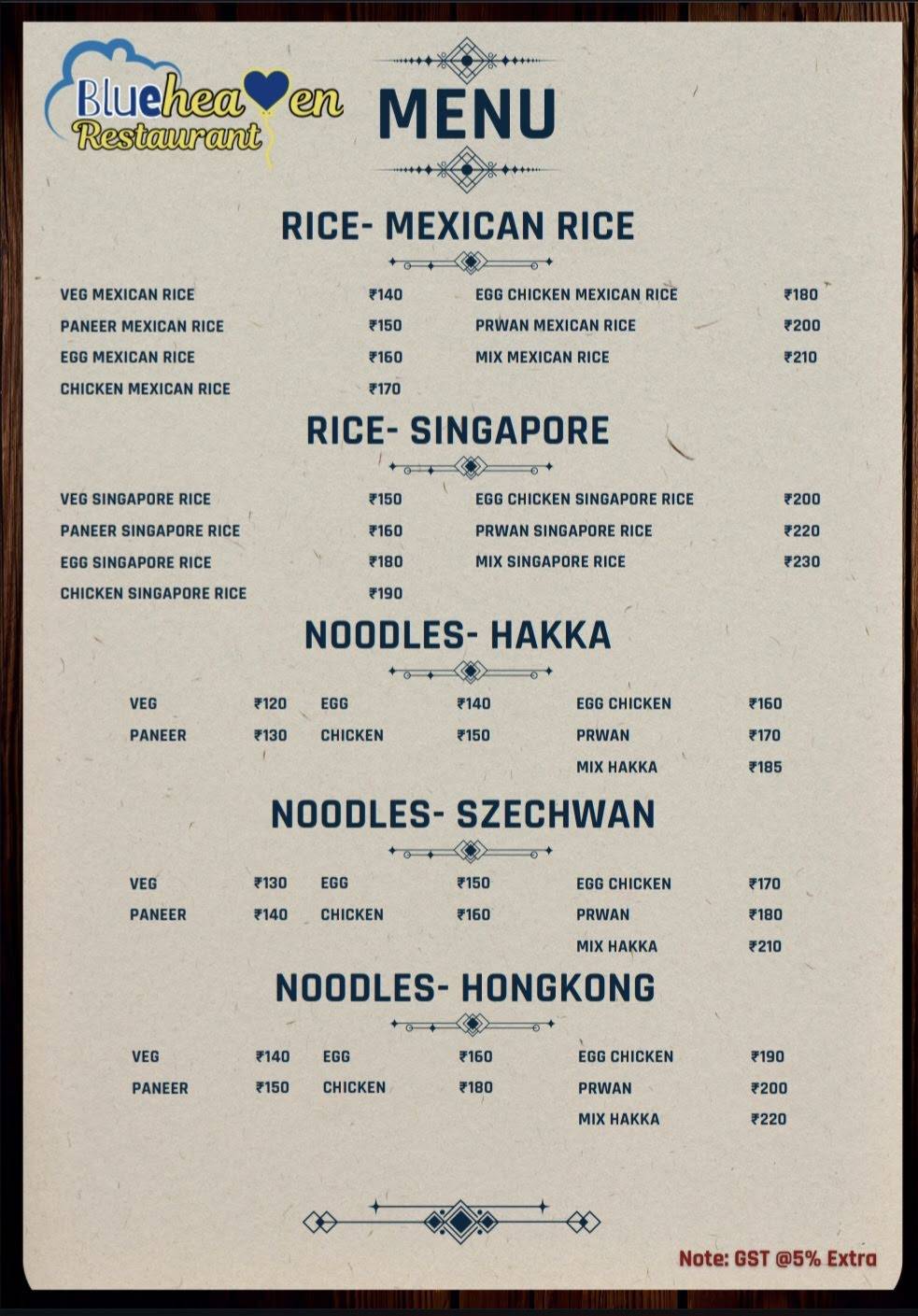 Blue Heaven Restaurant menu