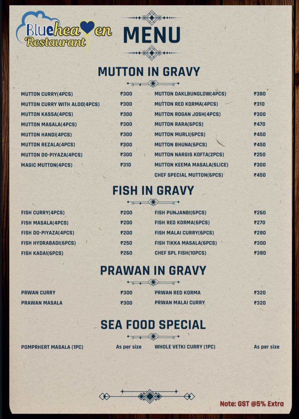 Blue Heaven Restaurant menu